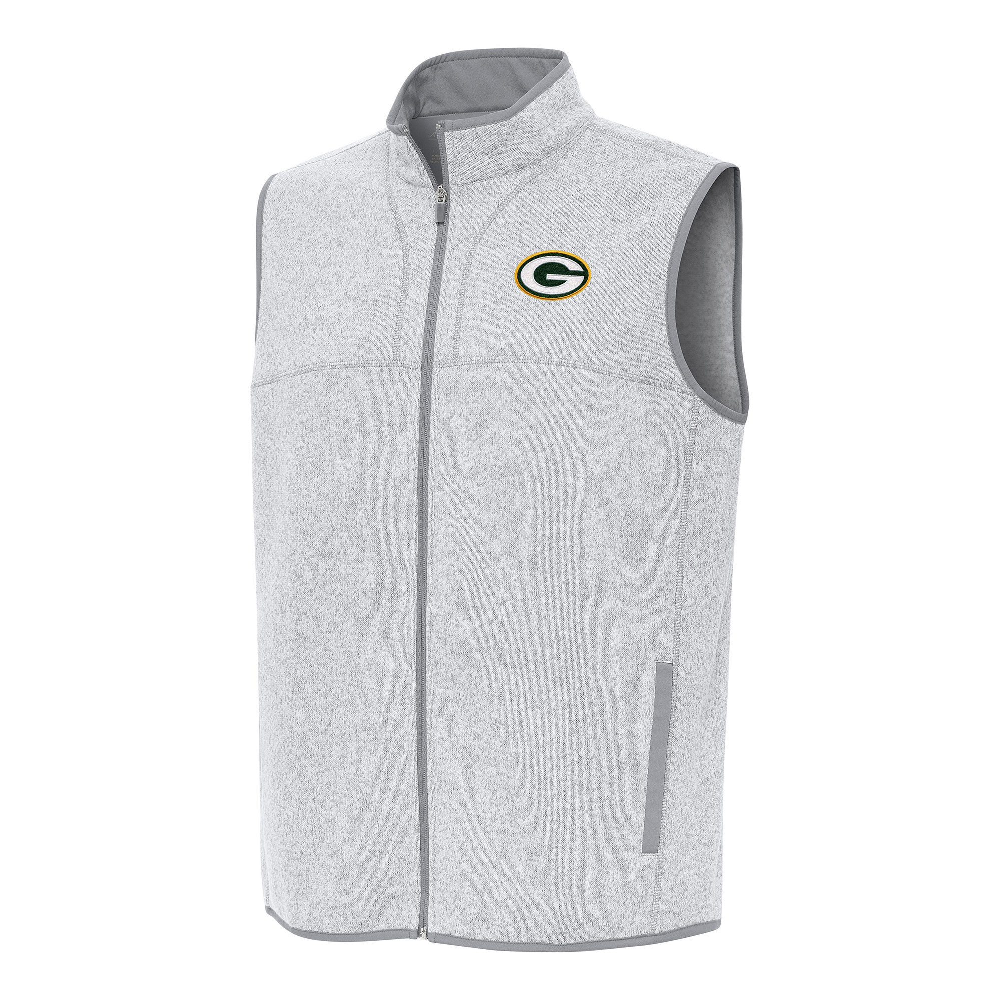 Men's Antigua Heather Gray Green Bay Packers Fortune Full-Zip Vest