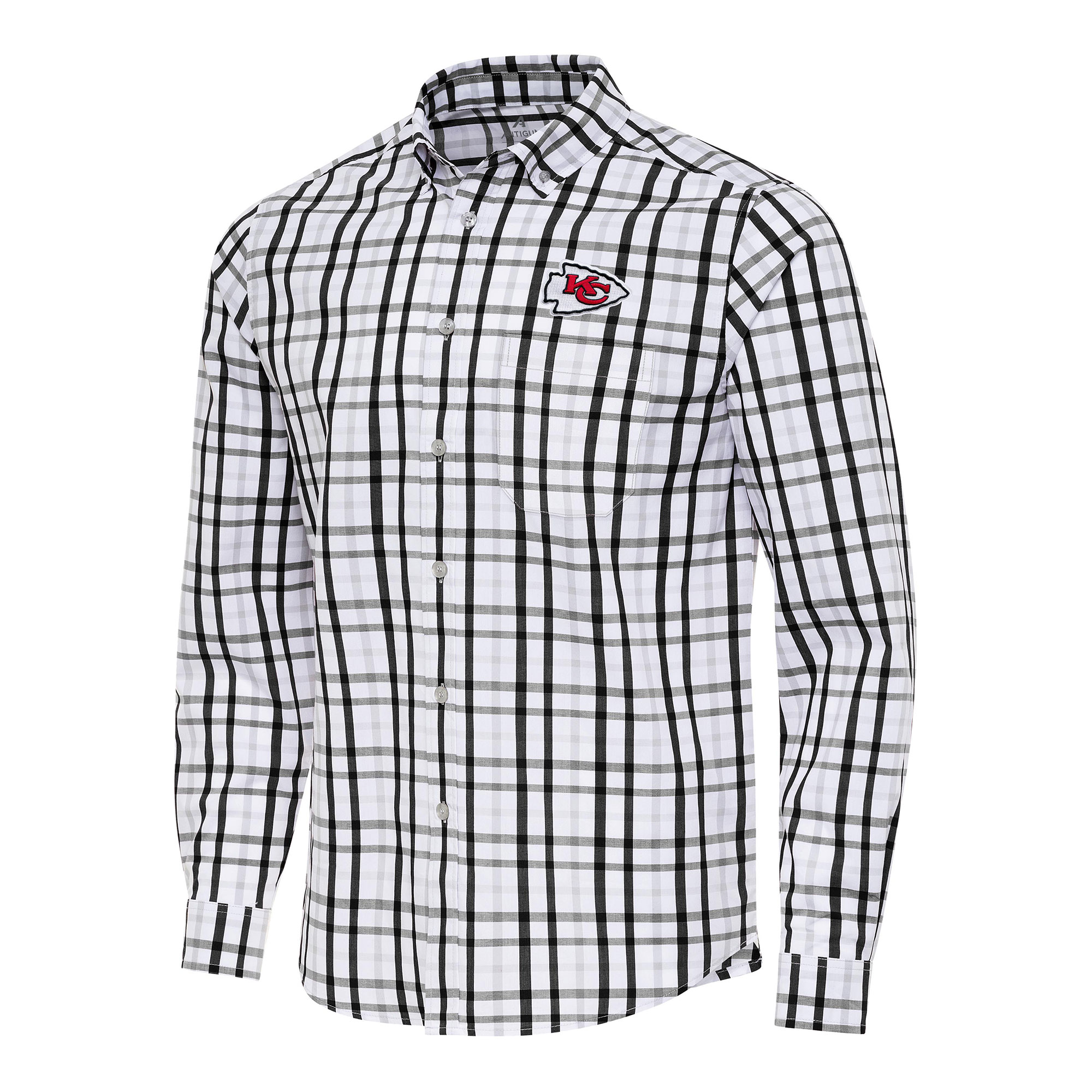Men’s Antigua Black/Gray Kansas City Chiefs Tending Woven Tri-Blend Long Sleeve Button-Down Shirt Men’s Antigua Black/Gray Kansas City Chiefs Tending Woven Tri-Blend Long Sleeve Button-Down Shirt