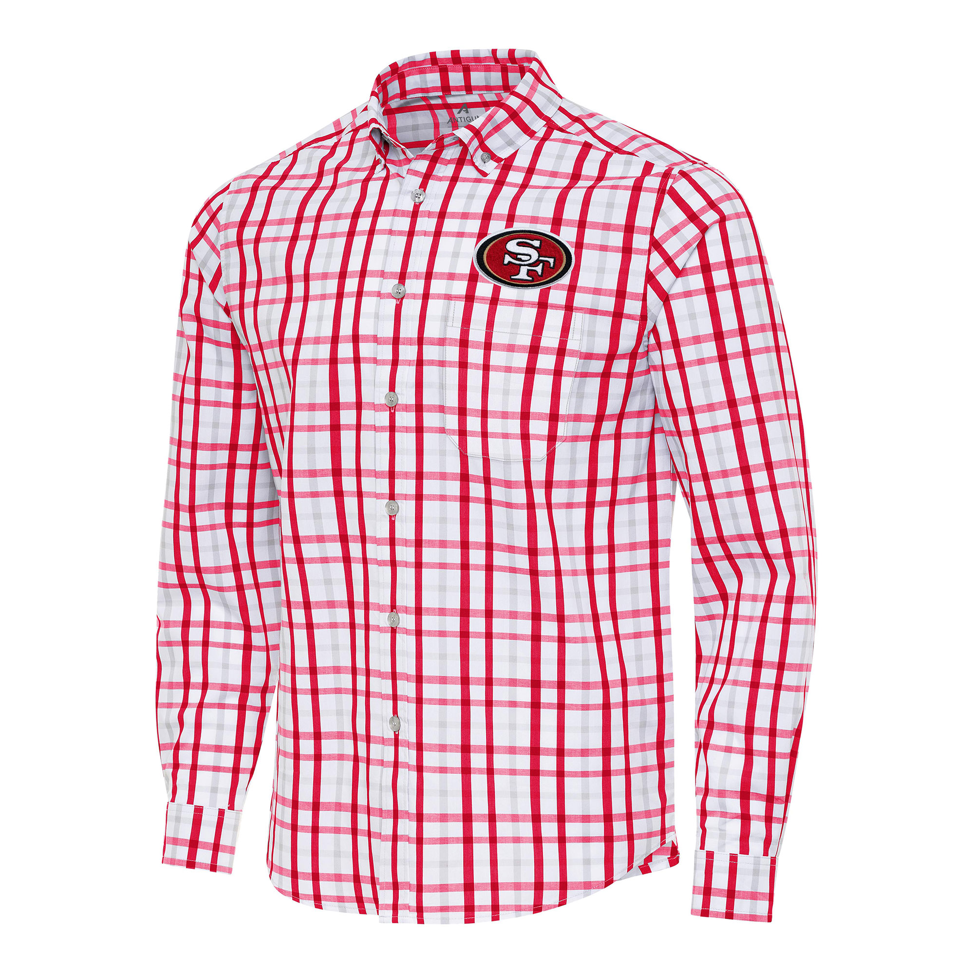 Men's Antigua Scarlet/Gray San Francisco 49ers Tending Woven Tri-Blend Long Sleeve Button-Down Shirt