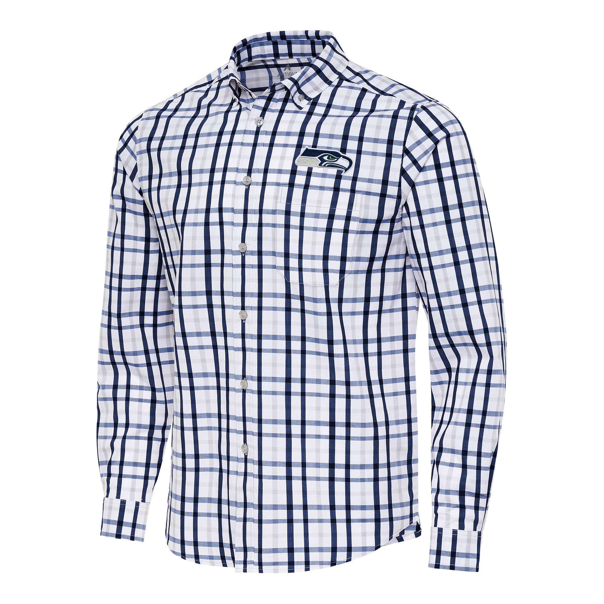 Men's Antigua College Navy/Gray Seattle Seahawks Tending Woven Tri-Blend Long Sleeve Button-Down Shirt