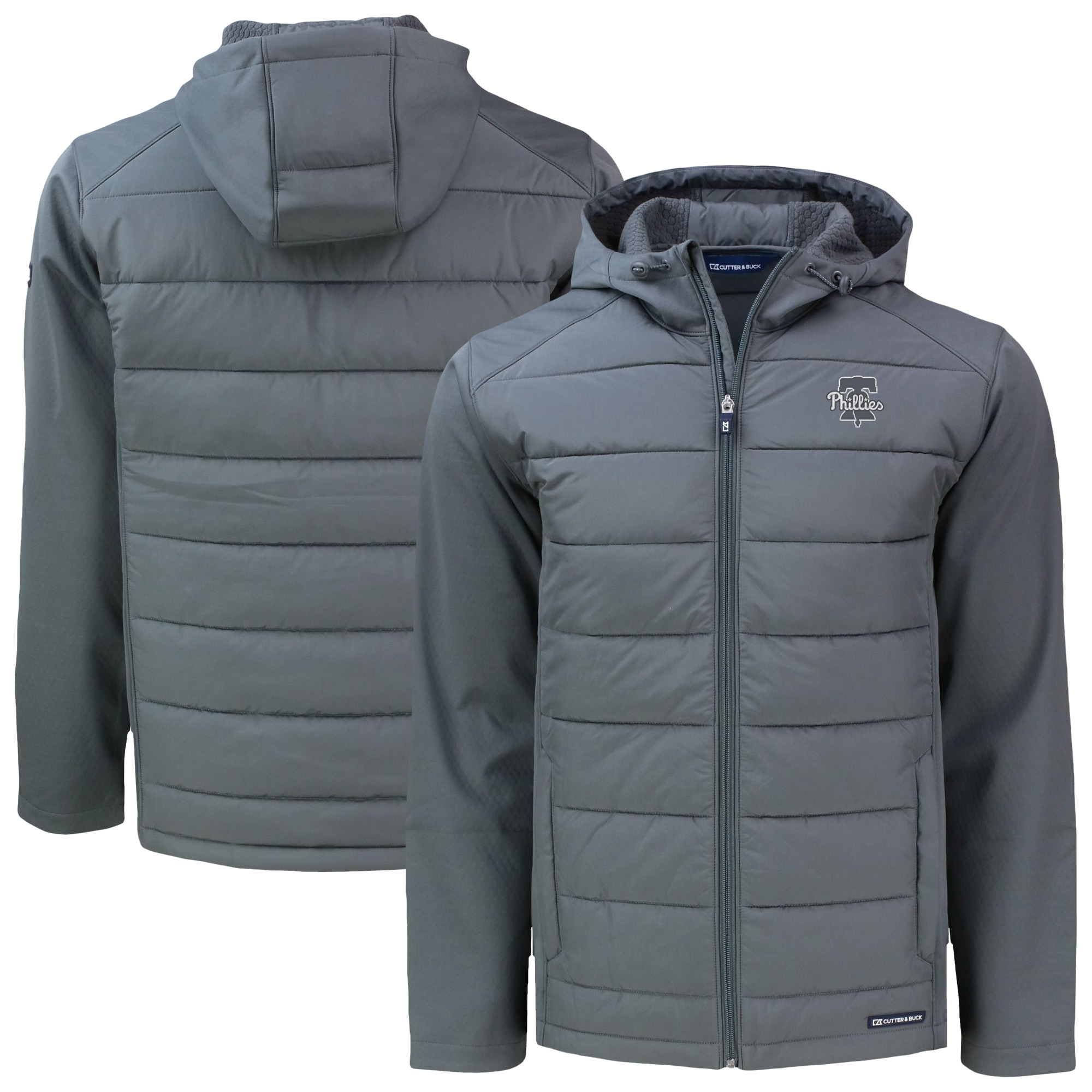 Men’s Cutter & Buck Gray Philadelphia Phillies Evoke Hybrid Eco Softshell Recycled Full-Zip Hooded Jacket Men’s Cutter & Buck Gray Philadelphia Phillies Evoke Hybrid Eco Softshell Recycled Full-Zip Hooded Jacket