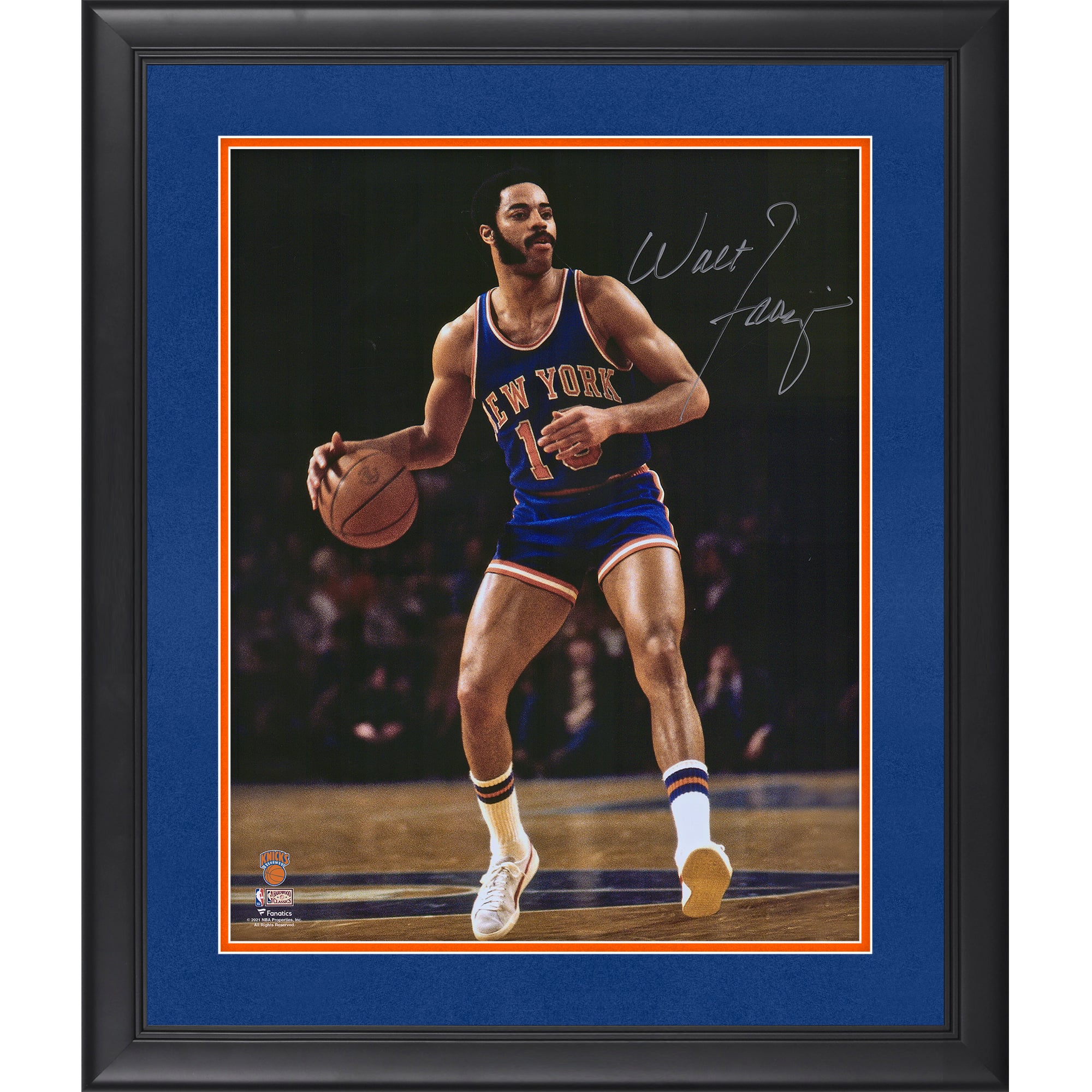 Walt Frazier New York Knicks Autographed Framed 16" x 20" Dribbling In Blue Photograph - Suede Upgrade