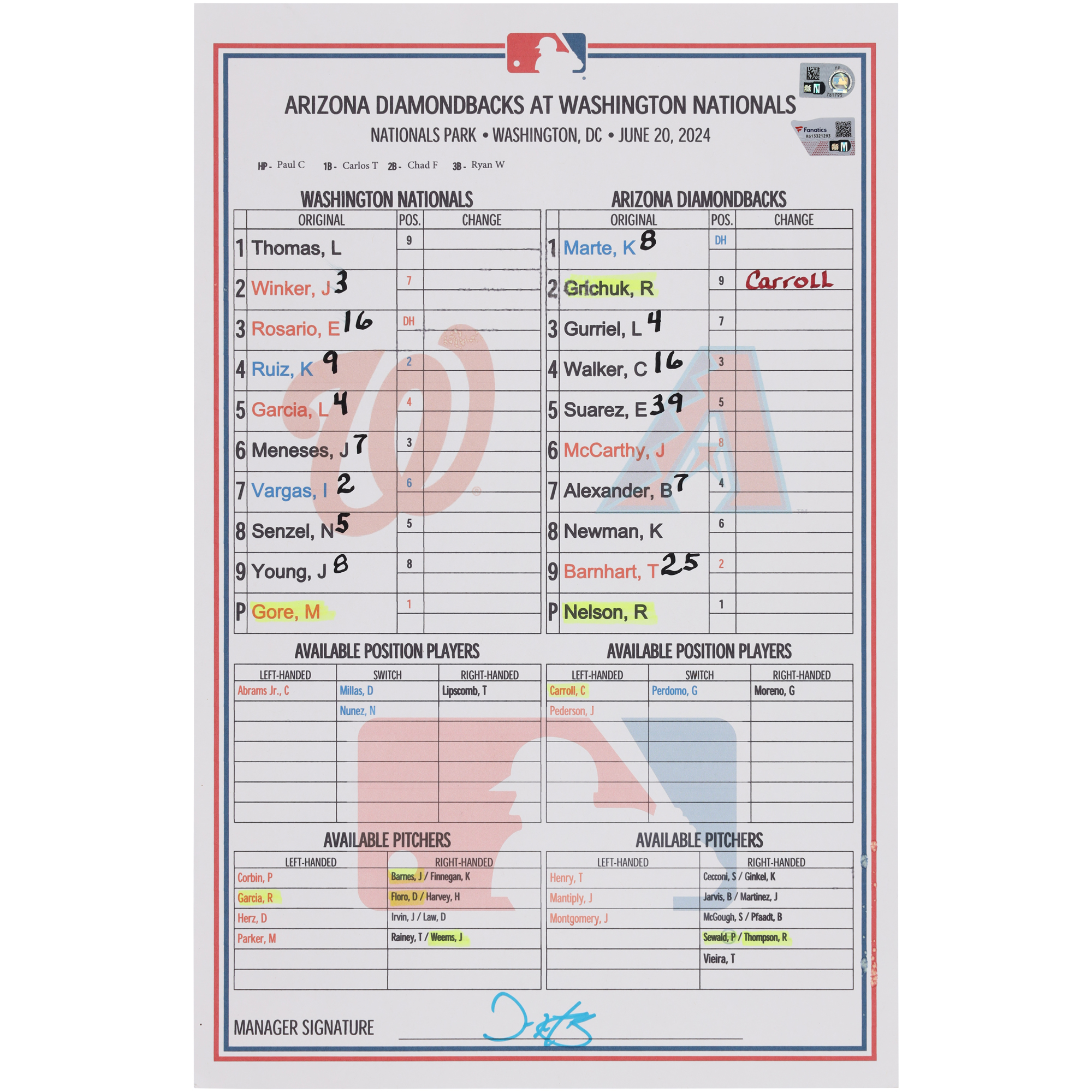 Washington Nationals Game-Used Lineup Card vs. Arizona Diamondbacks on June 20, 2024