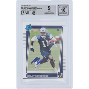 Micah Parsons Dallas Cowboys Autographed 2021 Panini Donruss #331 Beckett Fanatics Witnessed Authenticated 9/10 Rookie Card