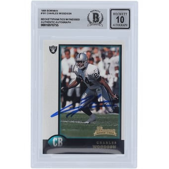 Charles Woodson Oakland Raiders Autographed 1998 Bowman #181 Beckett Fanatics Witnessed Authenticated 10 Rookie Card