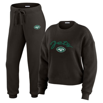 Women's WEAR by Erin Andrews Cream New York Jets Plus Size Knitted Tri-Blend Long Sleeve T-Shirt & Pants Lounge Set
