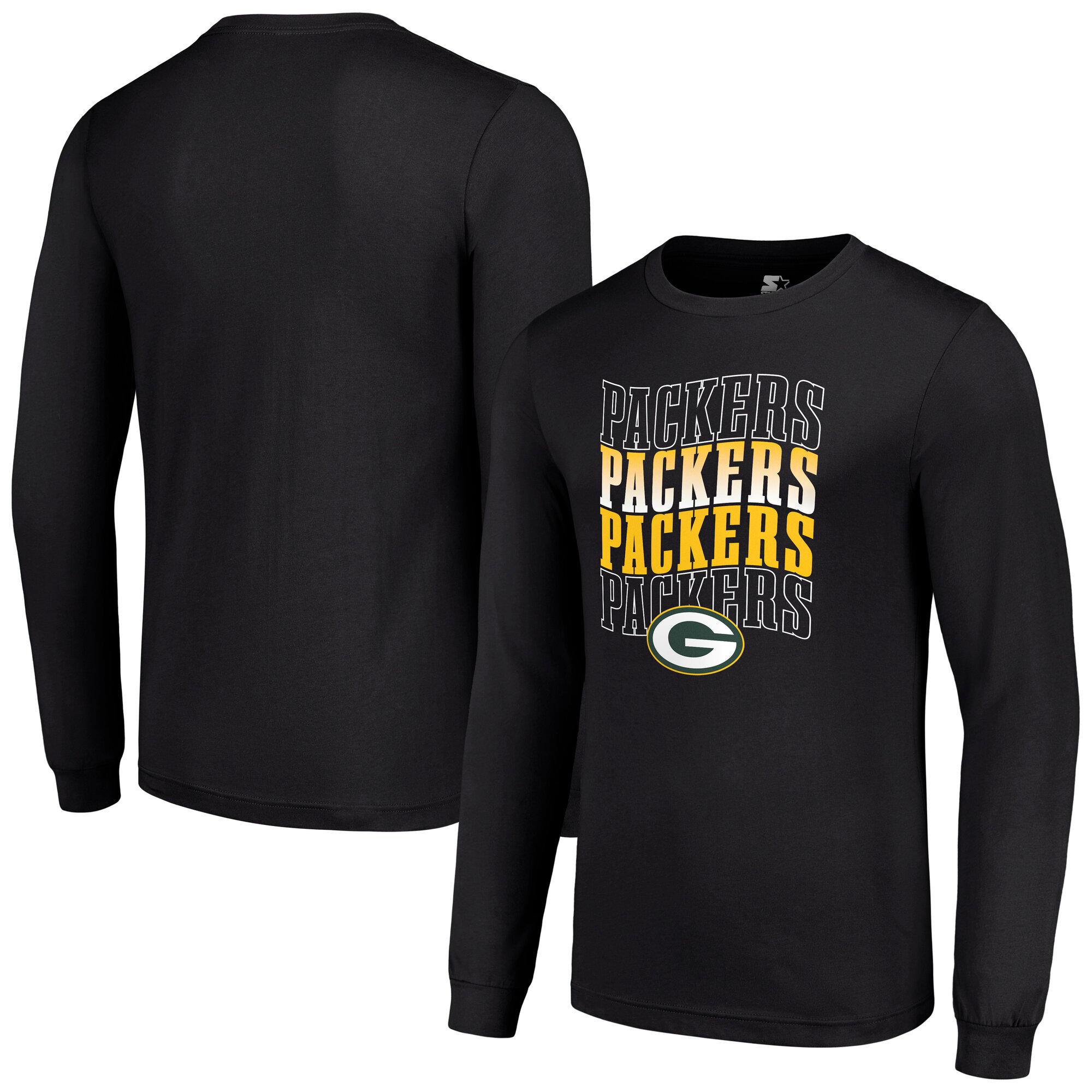 Men's Starter Black Green Bay Packers Team Name Graphic Long Sleeve T-Shirt