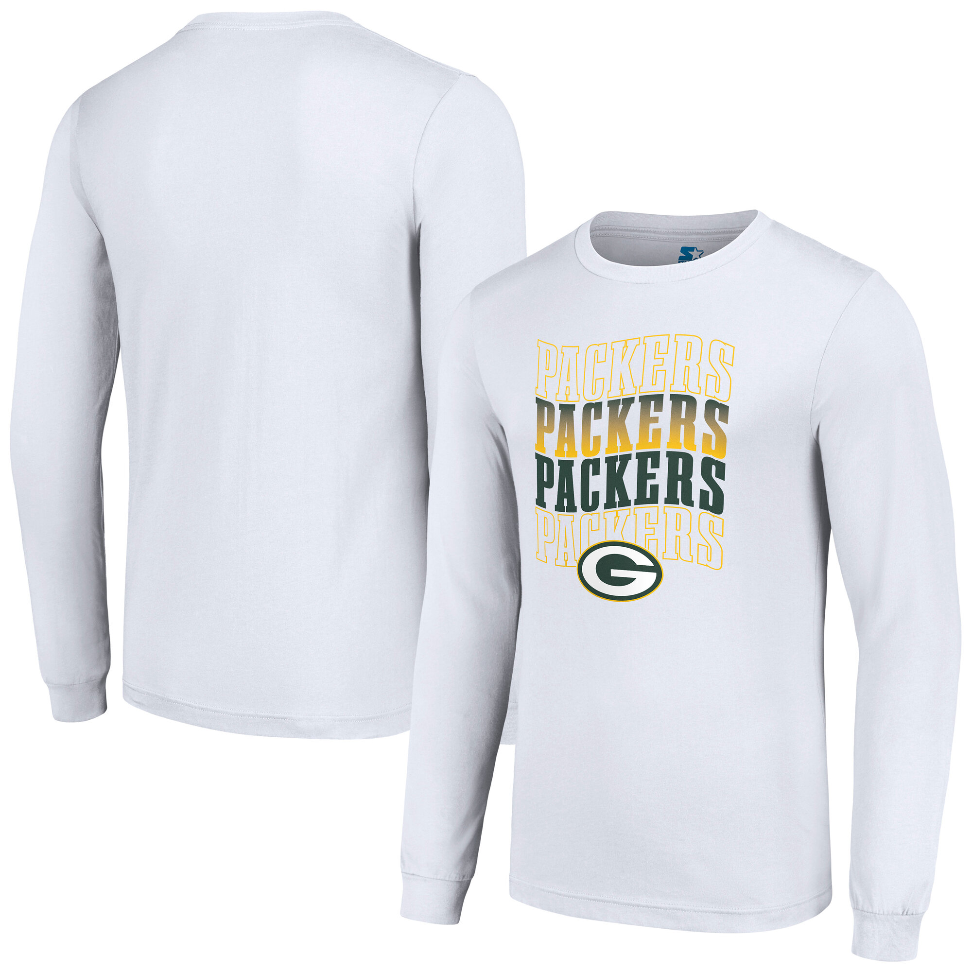 Men's Starter White Green Bay Packers Team Name Graphic Long Sleeve T-Shirt