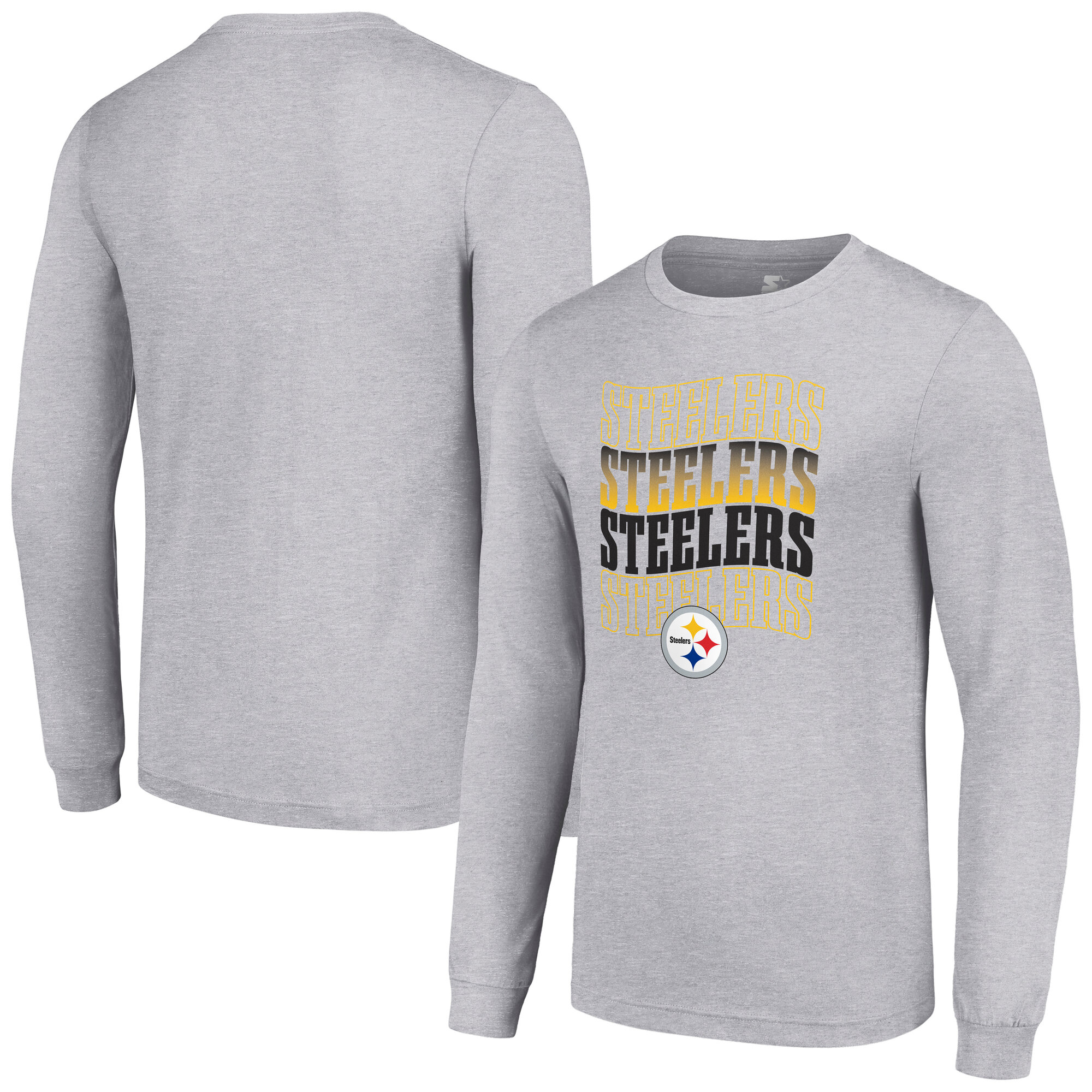 Men's Starter Heather Gray Pittsburgh Steelers Team Name Graphic Long Sleeve T-Shirt