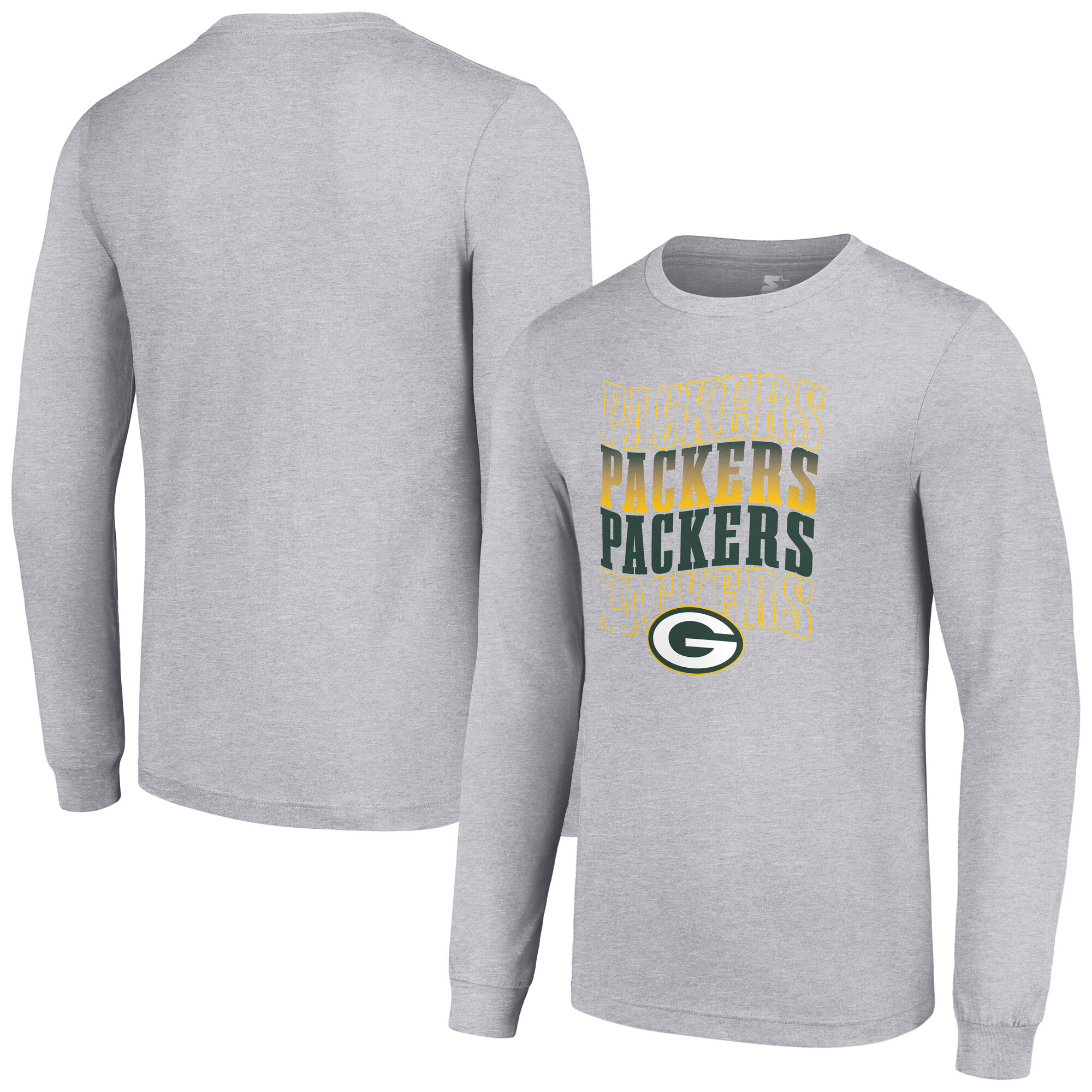 Men's Starter Heather Gray Green Bay Packers Team Name Graphic Long Sleeve T-Shirt