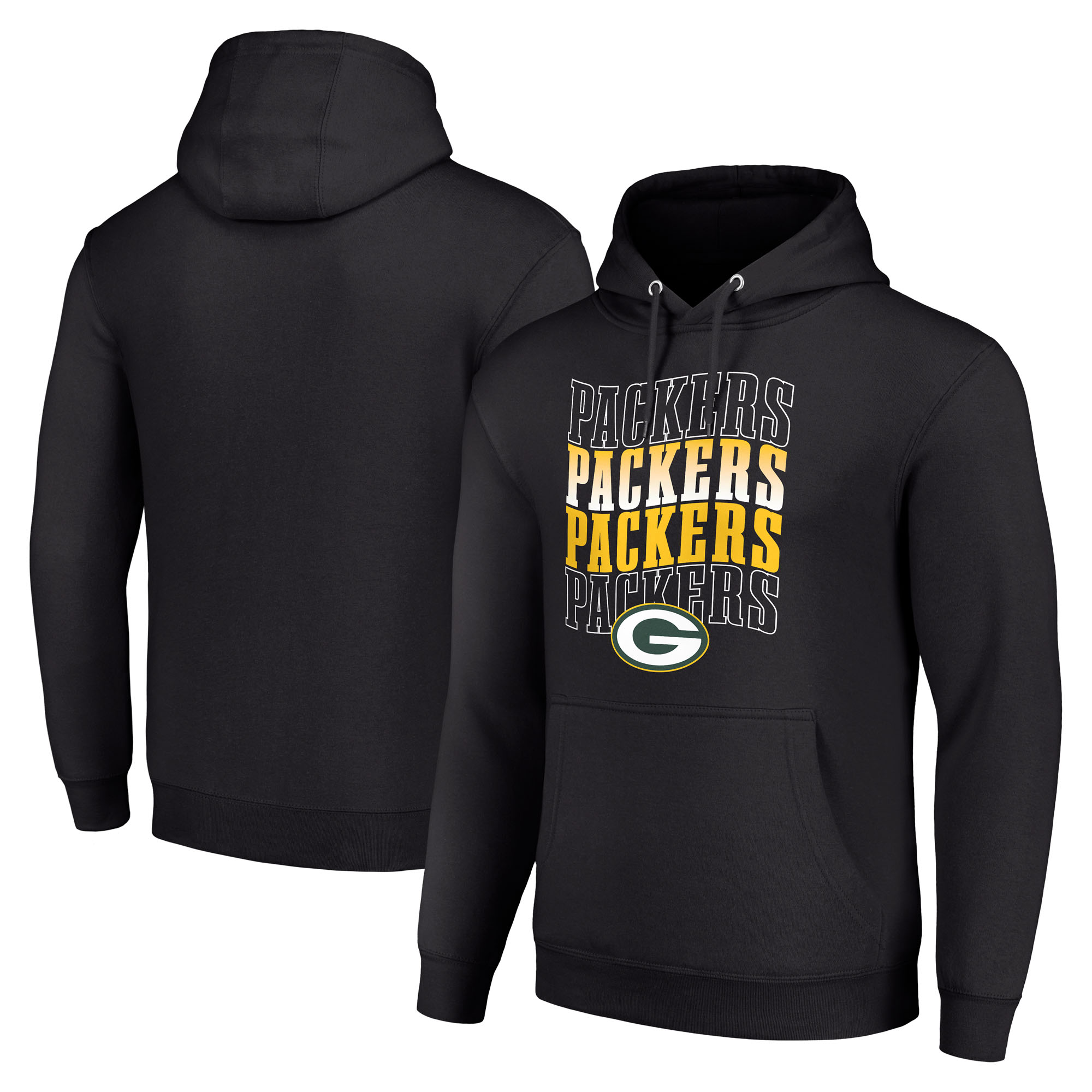 Men's Starter Black Green Bay Packers Four Team Name Logo Fleece Pullover Hoodie