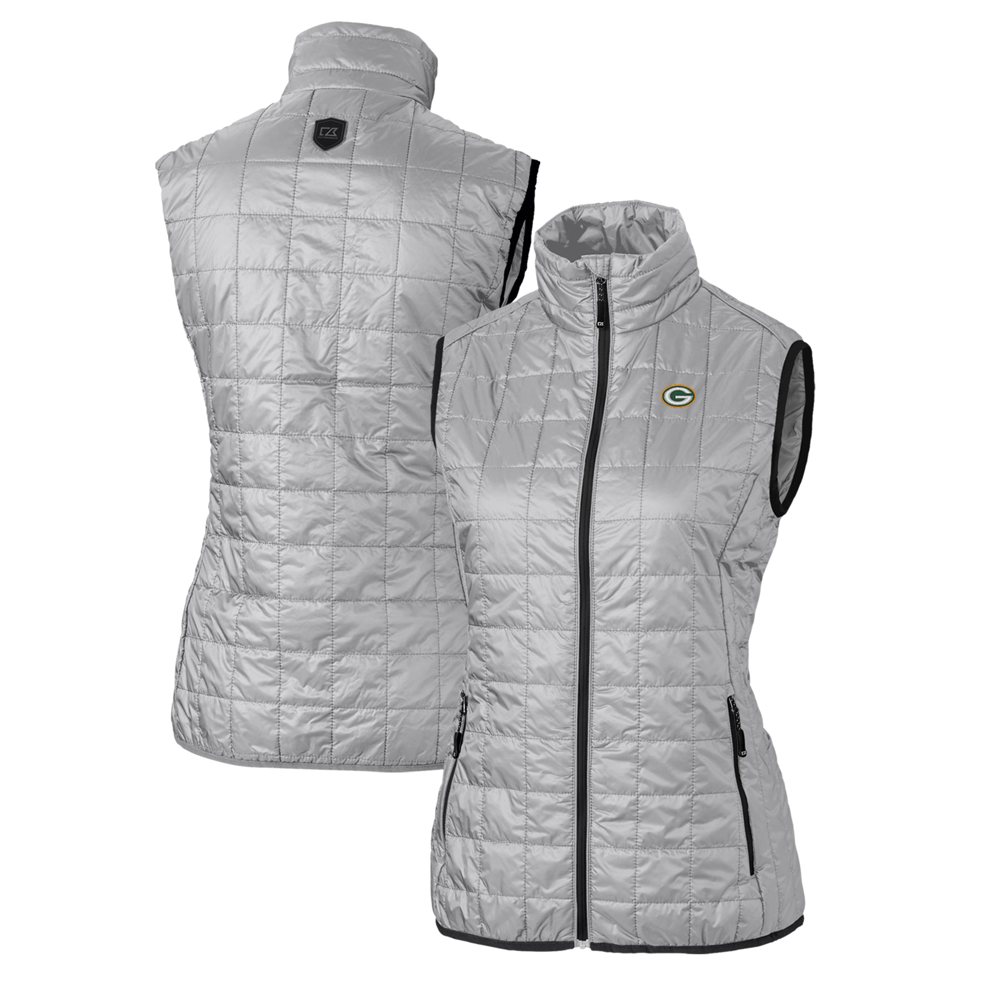 Women's Cutter & Buck Gray Green Bay Packers Rainier PrimaLoft Eco Insulated Full-Zip Puffer Vest