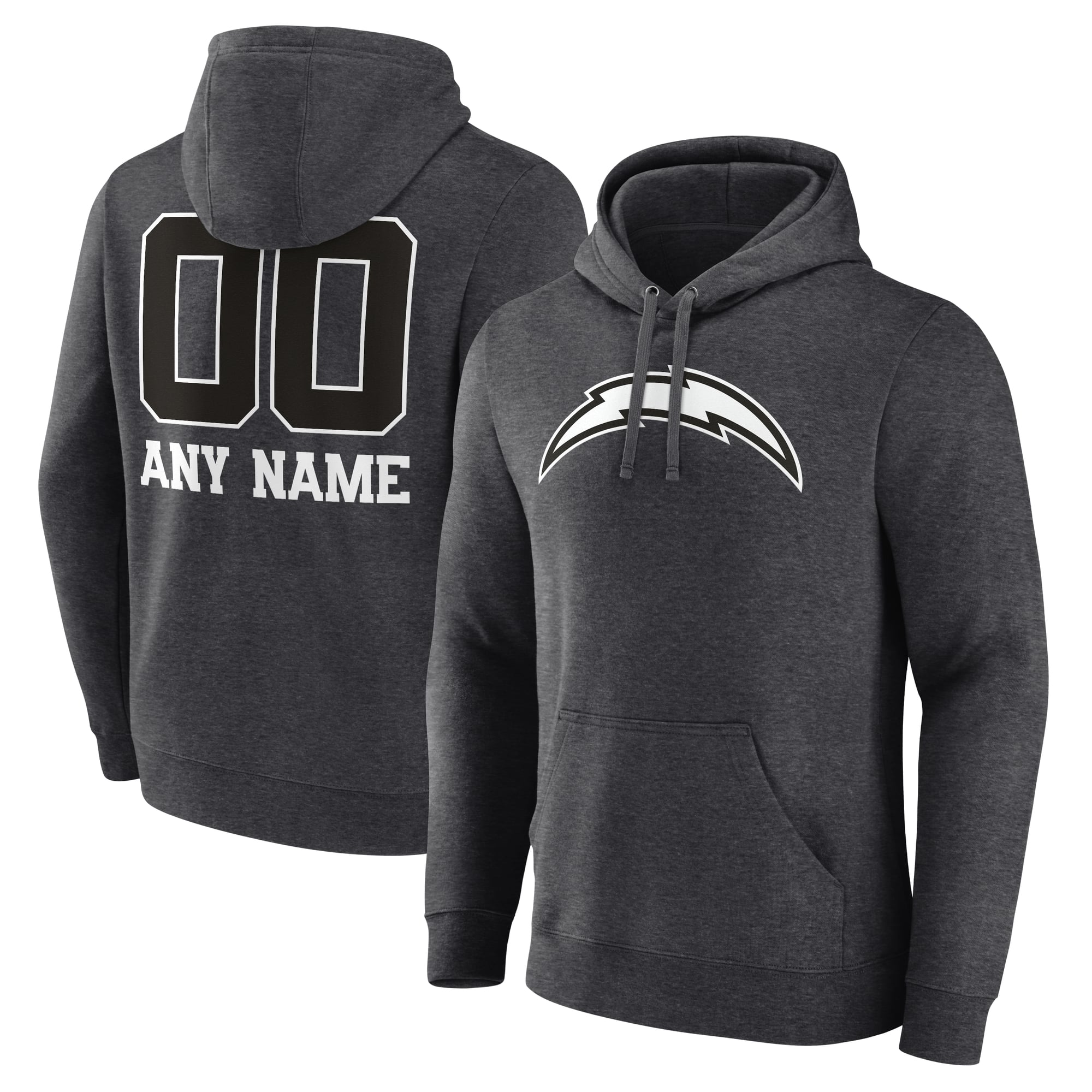 Men's Charcoal Los Angeles Chargers Personalized Name & Number Monochrome Pullover Hoodie