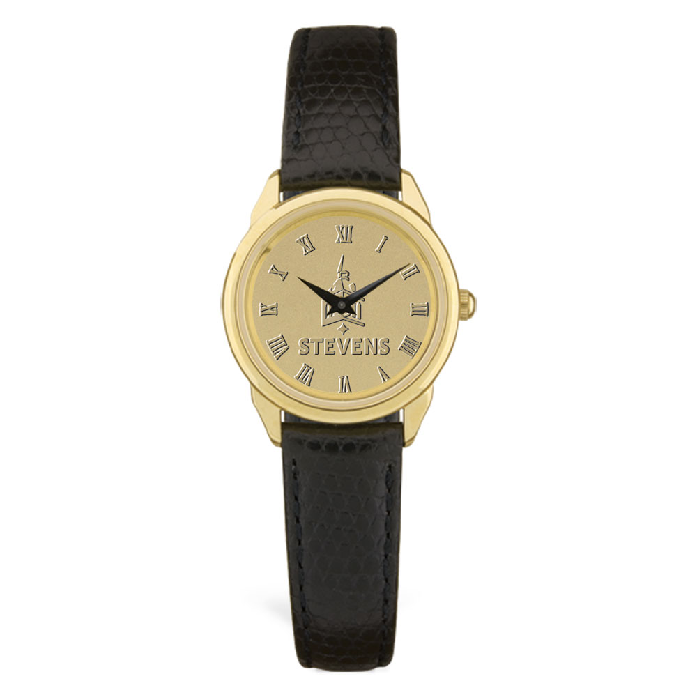 Women's Stevens Institute of Technology Ducks Gold Medallion Black Leather Wristwatch