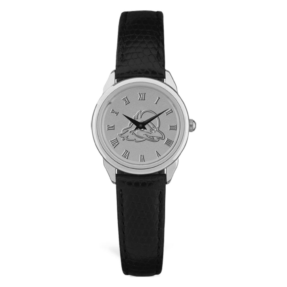 Women's Delaware Fightin' Blue Hens Silver Medallion Black Leather Wristwatch
