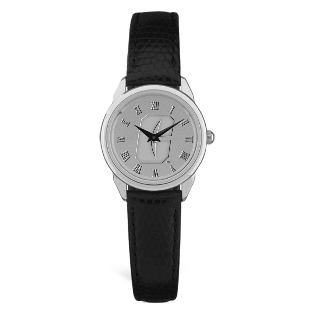 Women's Charlotte 49ers Silver Medallion Black Leather Wristwatch