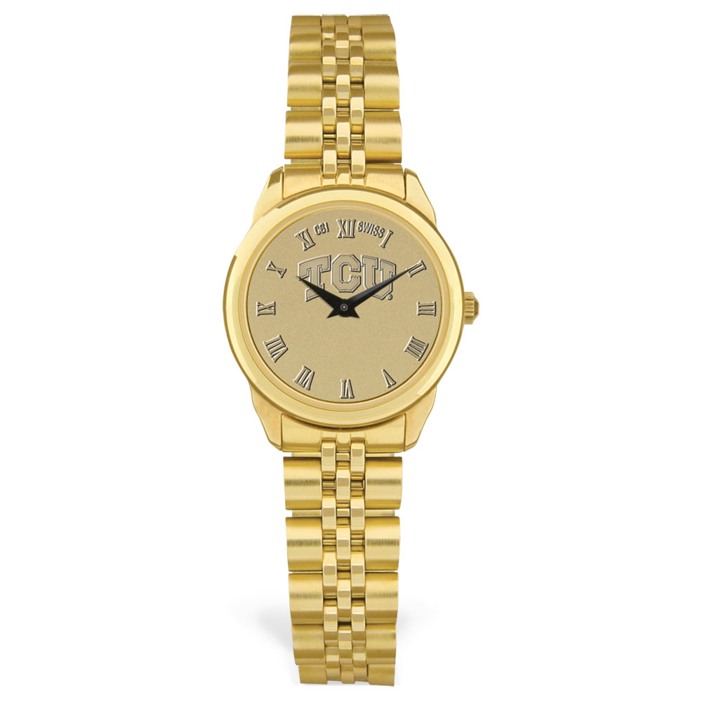 Women's Jardine TCU Horned Frogs Gold Medallion Rolled Link Bracelet Wristwatch