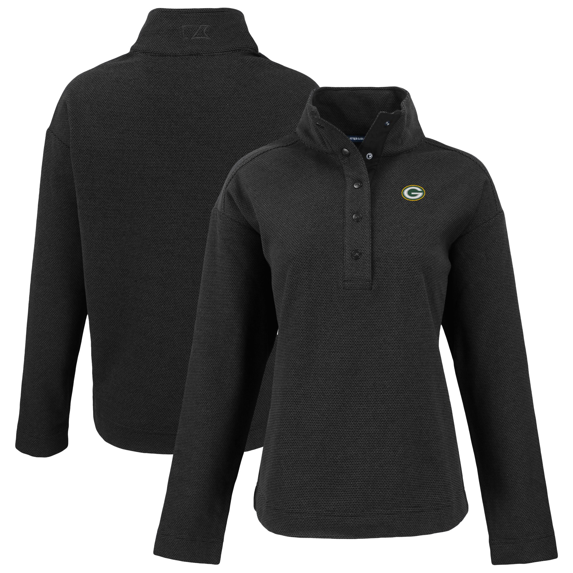 Women's Cutter & Buck Black Green Bay Packers Hunts Point Eco Half-Snap Sweatshirt