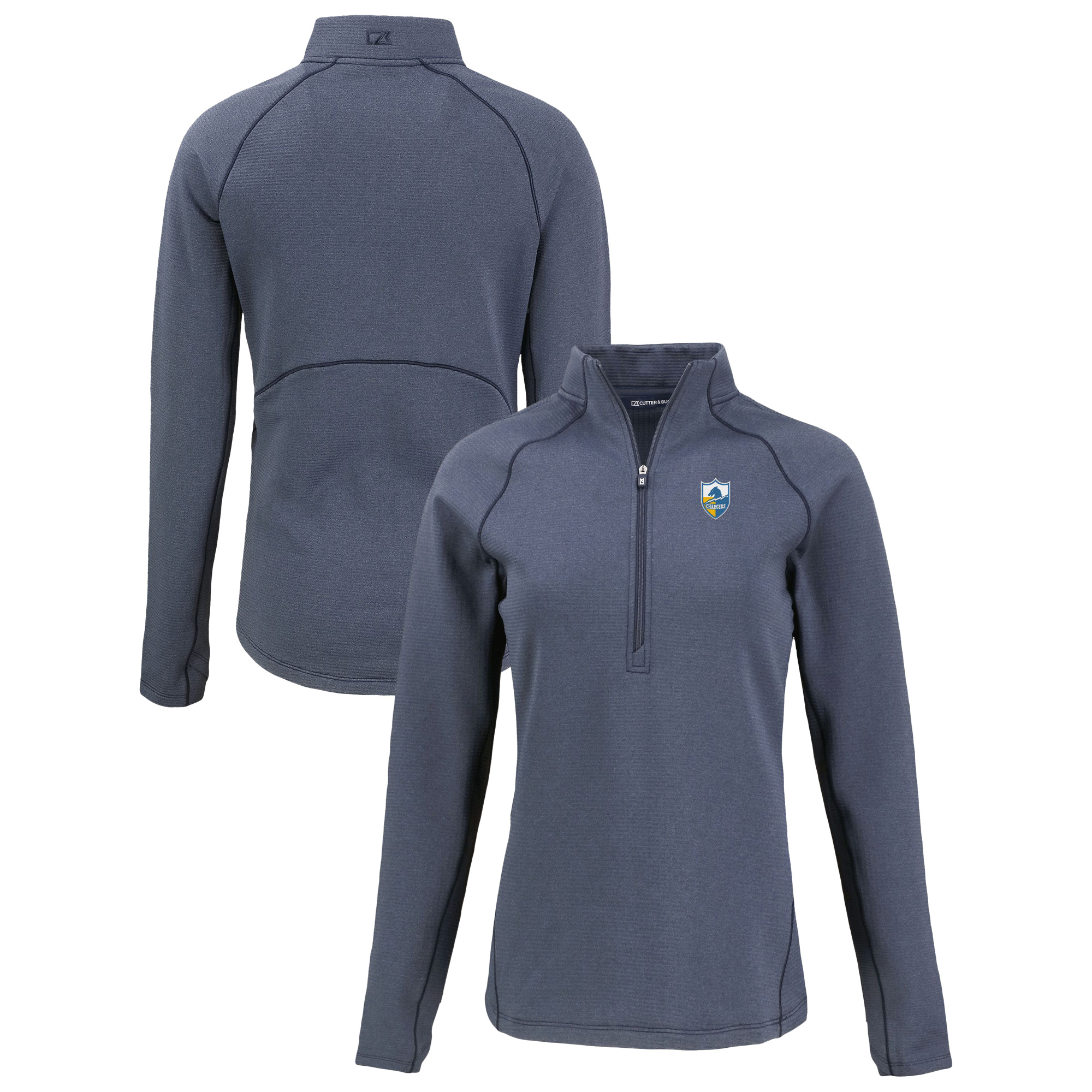 Women's Cutter & Buck Heather Navy Los Angeles Chargers Peshastin Eco Fleece Recycled Tri-Blend Raglan Half-Zip Jacket