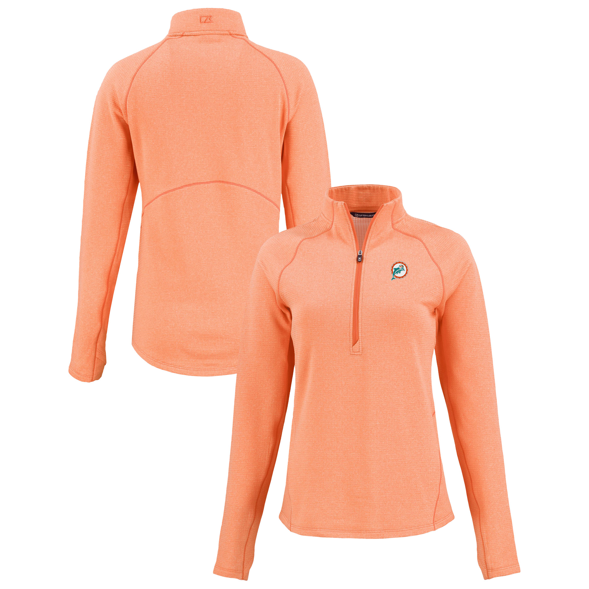 Women's Cutter & Buck Heather Orange Miami Dolphins Peshastin Eco Fleece Recycled Tri-Blend Raglan Half-Zip Jacket