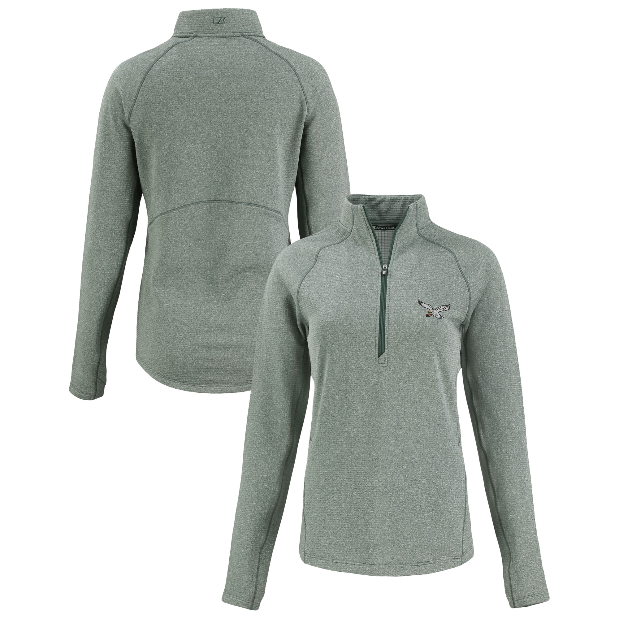 Women's Cutter & Buck Heather Kelly Green Philadelphia Eagles Peshastin Eco Fleece Recycled Tri-Blend Raglan Half-Zip Jacket