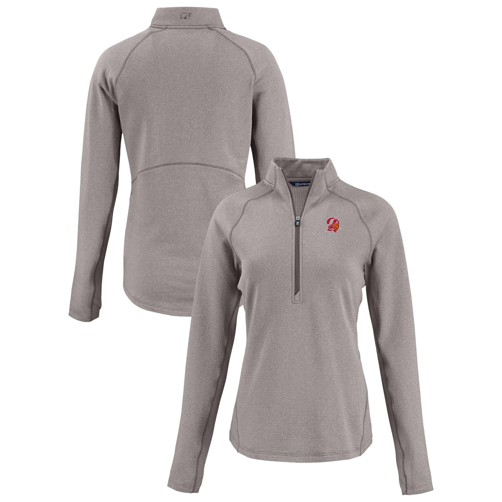 Women's Cutter & Buck Heather Gray Tampa Bay Buccaneers Peshastin Eco Fleece Recycled Tri-Blend Raglan Half-Zip Jacket