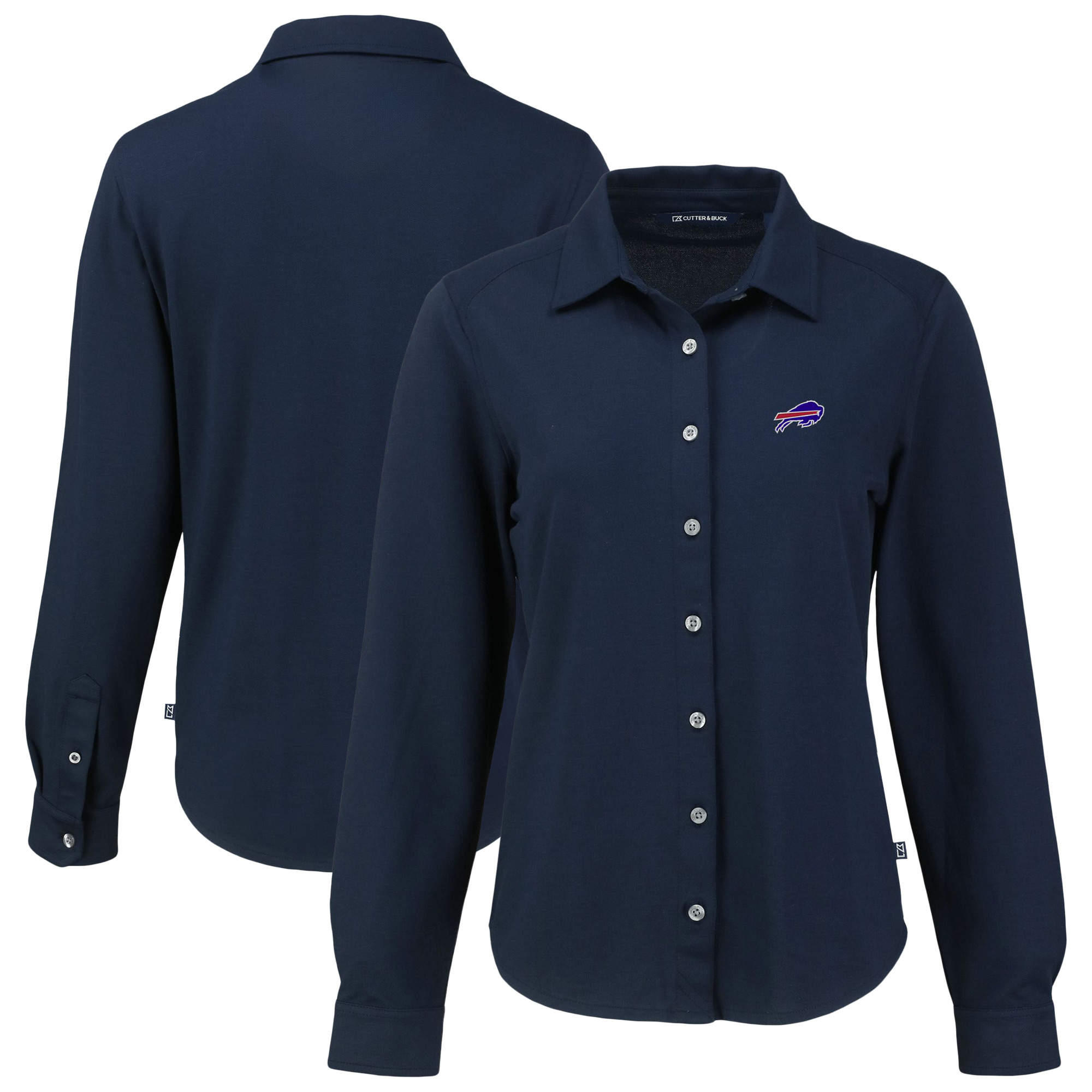 Women's Cutter & Buck Navy Buffalo Bills Advantage Eco Soft Pique Tri-Blend Long Sleeve Button-Up Shirt