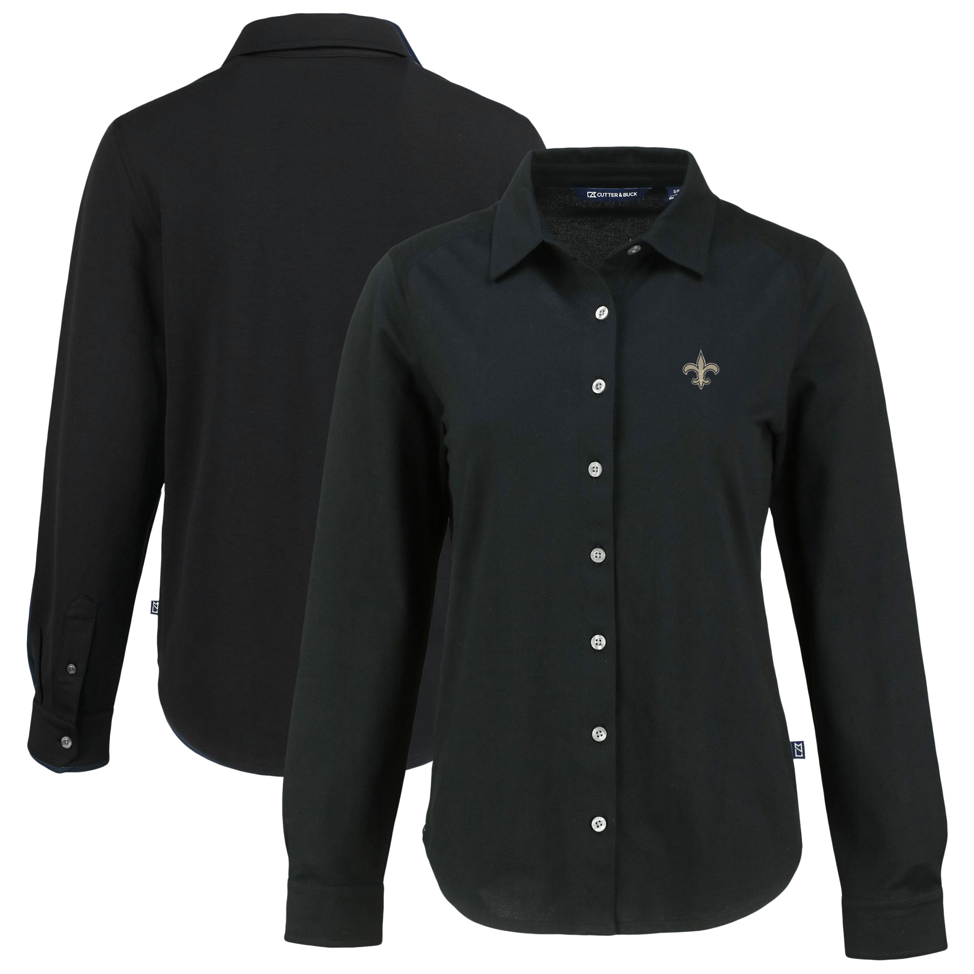 Women's Cutter & Buck Black New Orleans Saints Advantage Eco Soft Pique Tri-Blend Long Sleeve Button-Up Shirt