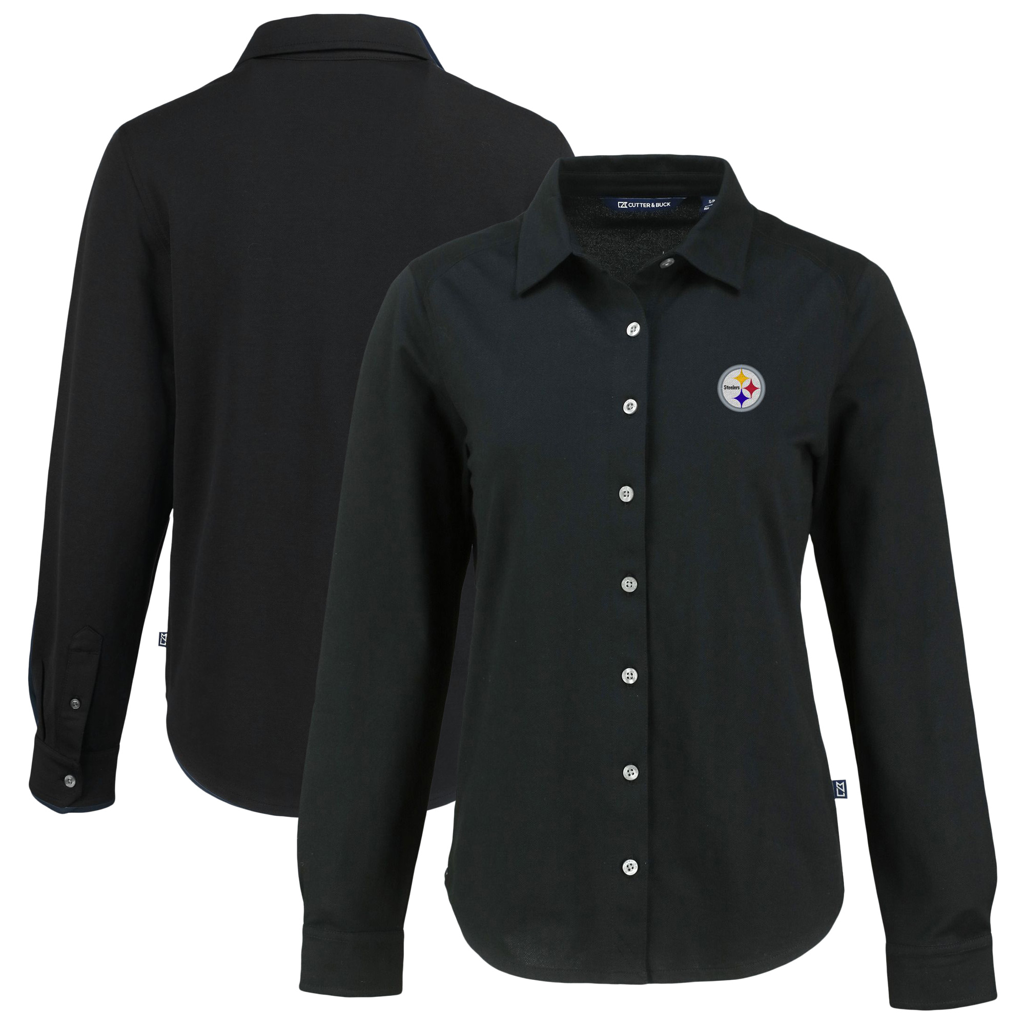 Women's Cutter & Buck Black Pittsburgh Steelers Advantage Eco Soft Pique Tri-Blend Long Sleeve Button-Up Shirt