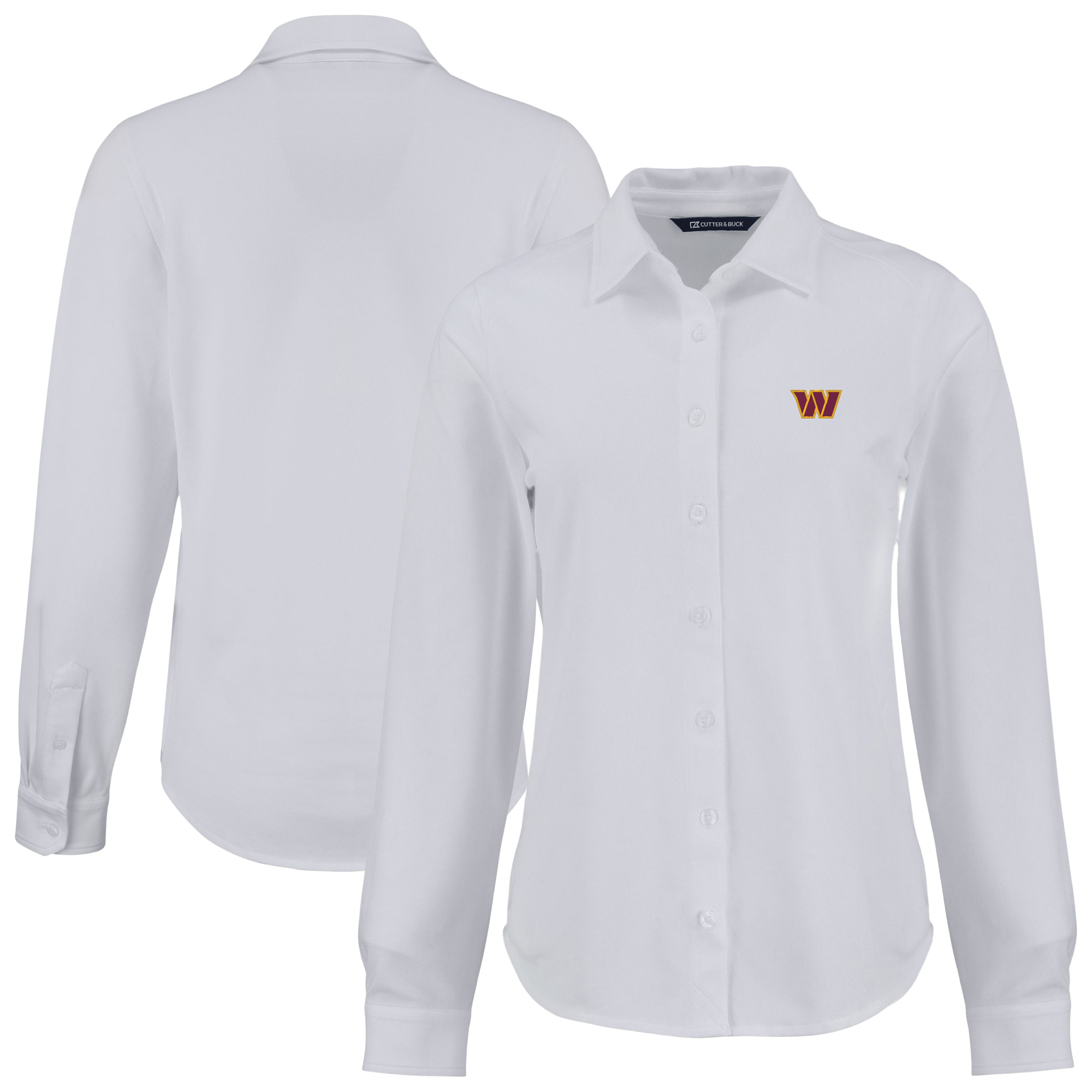 Women's Cutter & Buck White Washington Commanders Advantage Eco Soft Pique Tri-Blend Long Sleeve Button-Up Shirt