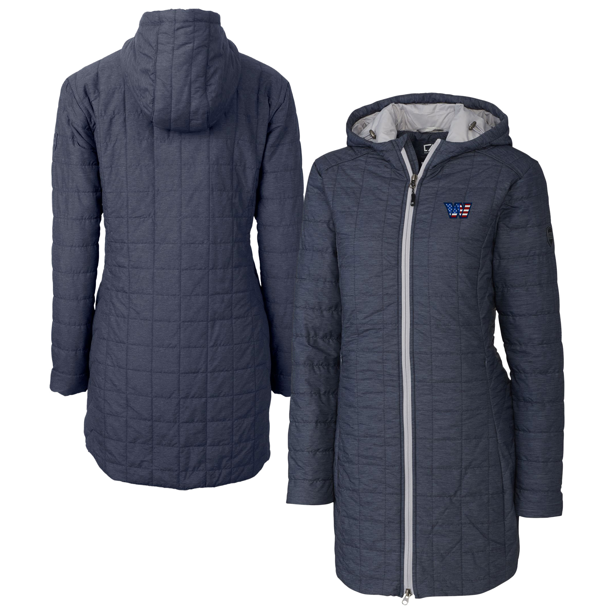 Women's Cutter & Buck Navy Washington Commanders Americana Rainier PrimaLoft® Eco Insulated Full-Zip Hooded Long Coat