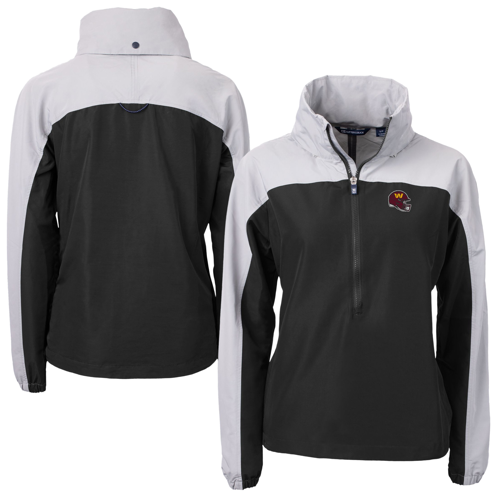 Women's Cutter & Buck Black Washington Commanders Charter Eco Recycled Half-Zip Hooded Anorak Jacket