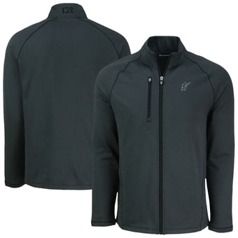 Men's Cutter & Buck Heather Black Florida Marlins Cooperstown Collection Peshastin Eco Fleece Recycled Tri-Blend Raglan Full-Zip Jacket
