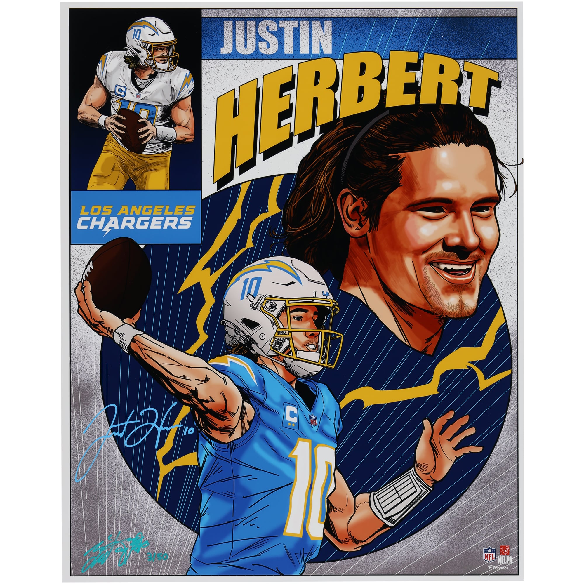 Justin Herbert Los Angeles Chargers Autographed 16" x 20" Photo Print - Art by Brian Kong - Limited Edition of 50