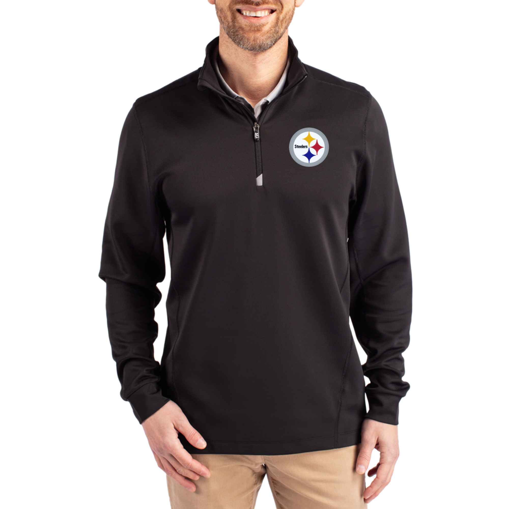 Men's Cutter & Buck Black Pittsburgh Steelers Traverse Stretch Quarter-Zip Top