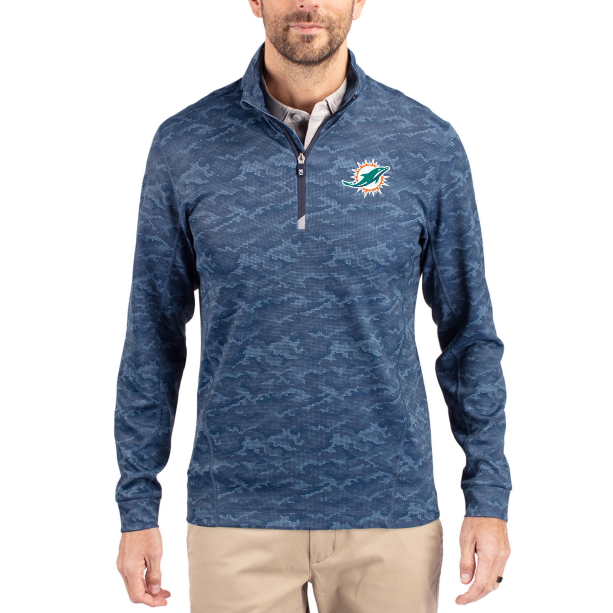 Men's Cutter & Buck Navy Miami Dolphins Traverse Camo Print Stretch Quarter-Zip Top