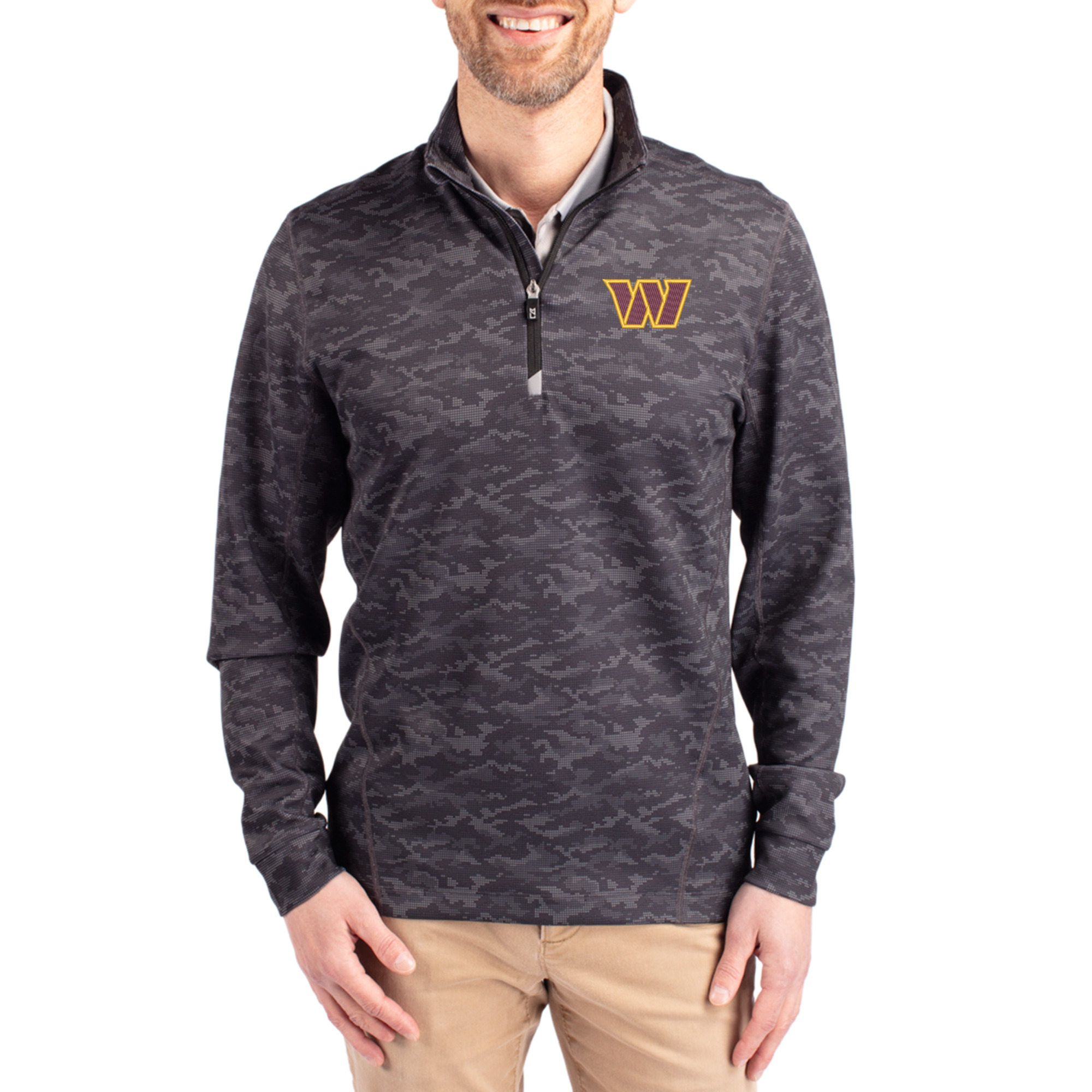 Men's Cutter & Buck Black Washington Commanders  Traverse Camo Print Stretch Quarter-Zip Top