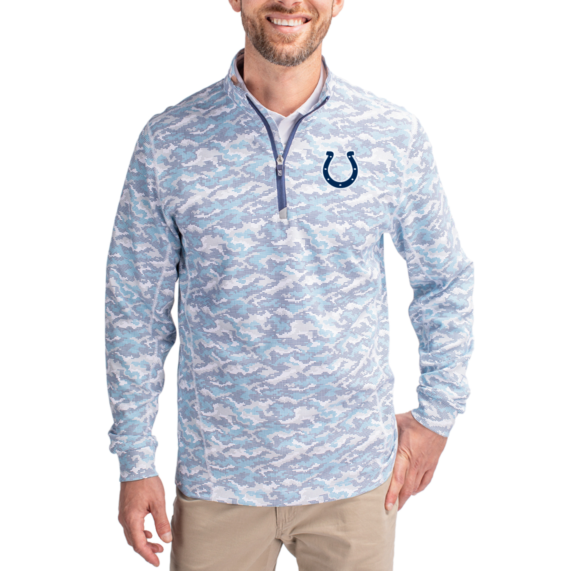 Men's Cutter & Buck Blue Indianapolis Colts  Traverse Camo Print Stretch Quarter-Zip Pullover Top