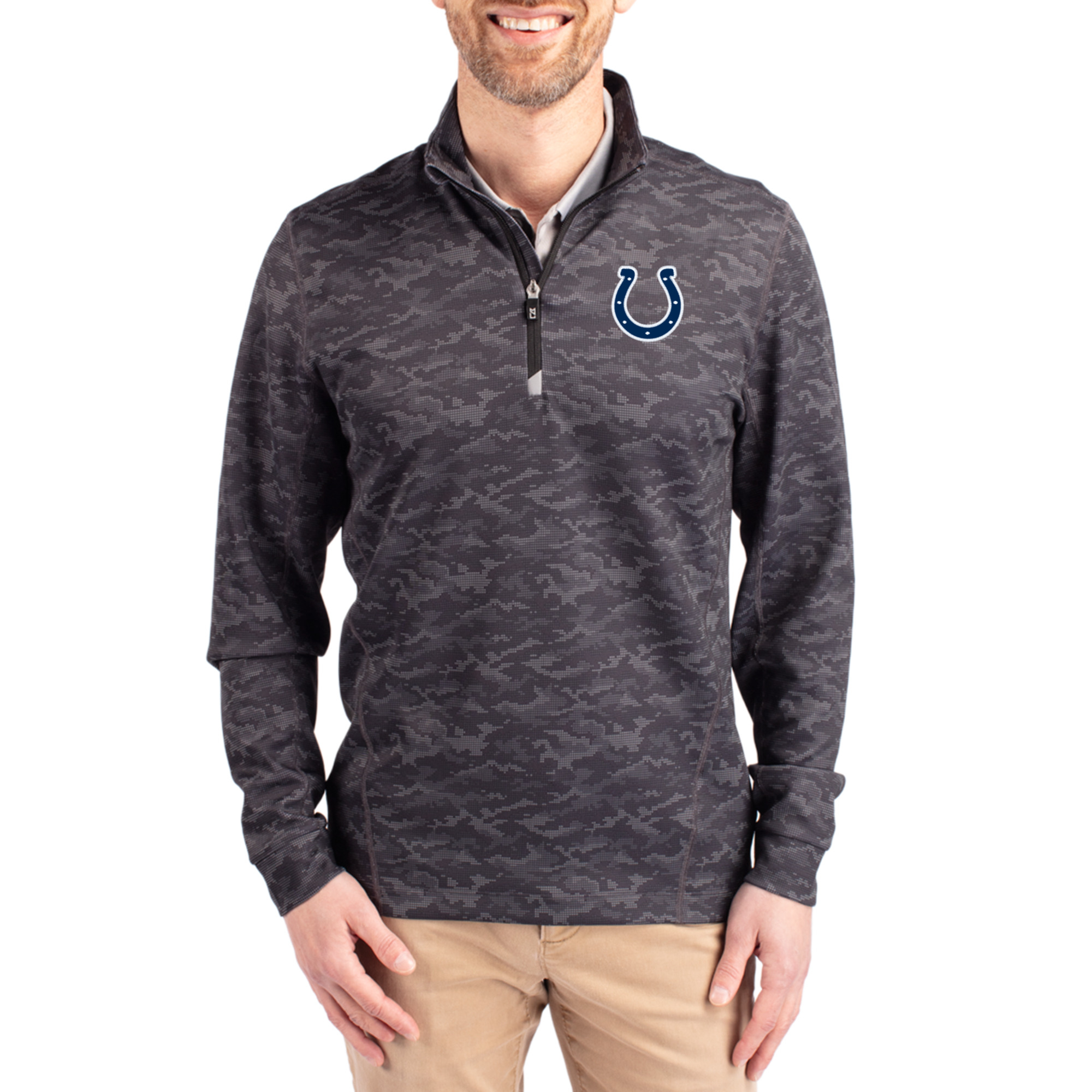 Men's Cutter & Buck Black Indianapolis Colts  Traverse Camo Print Stretch Quarter-Zip Top