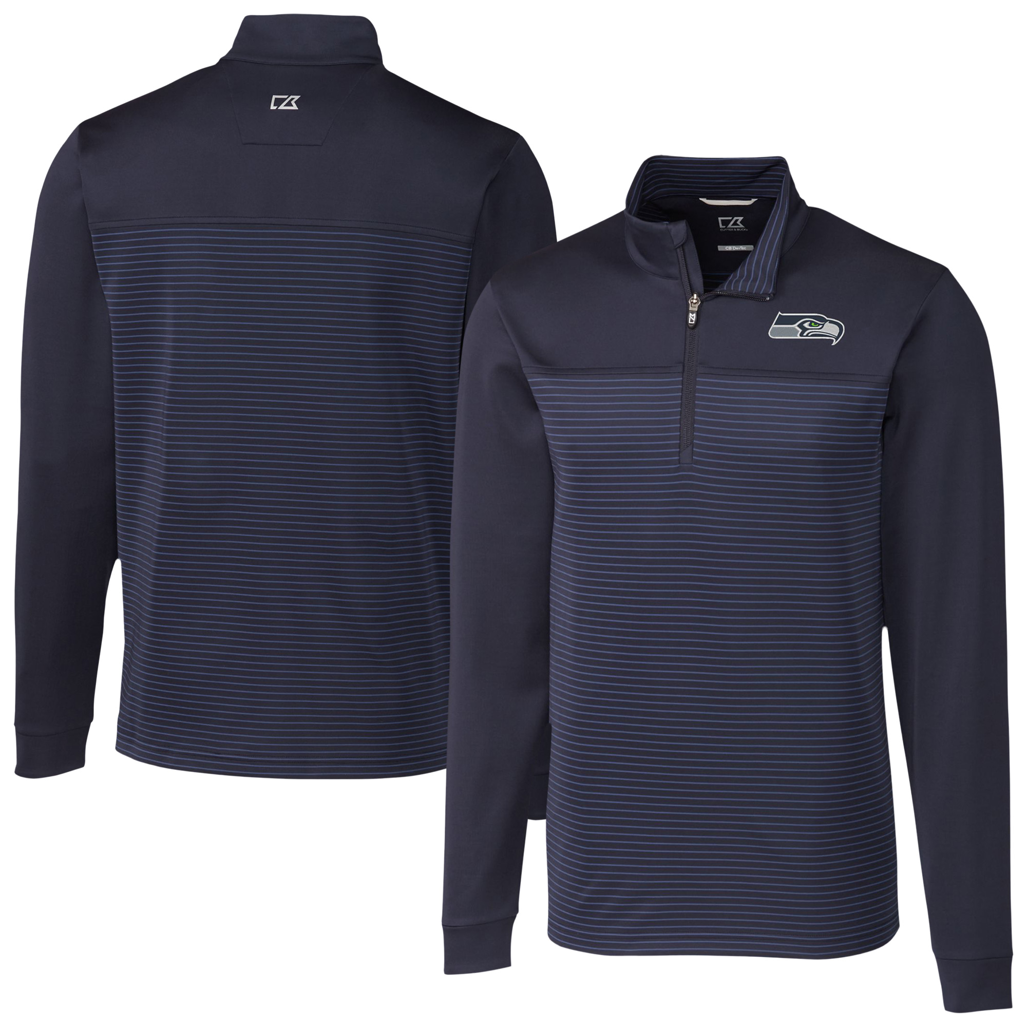 Men's Cutter & Buck Navy Seattle Seahawks Traverse Stripe Stretch DryTec Quarter-Zip Top