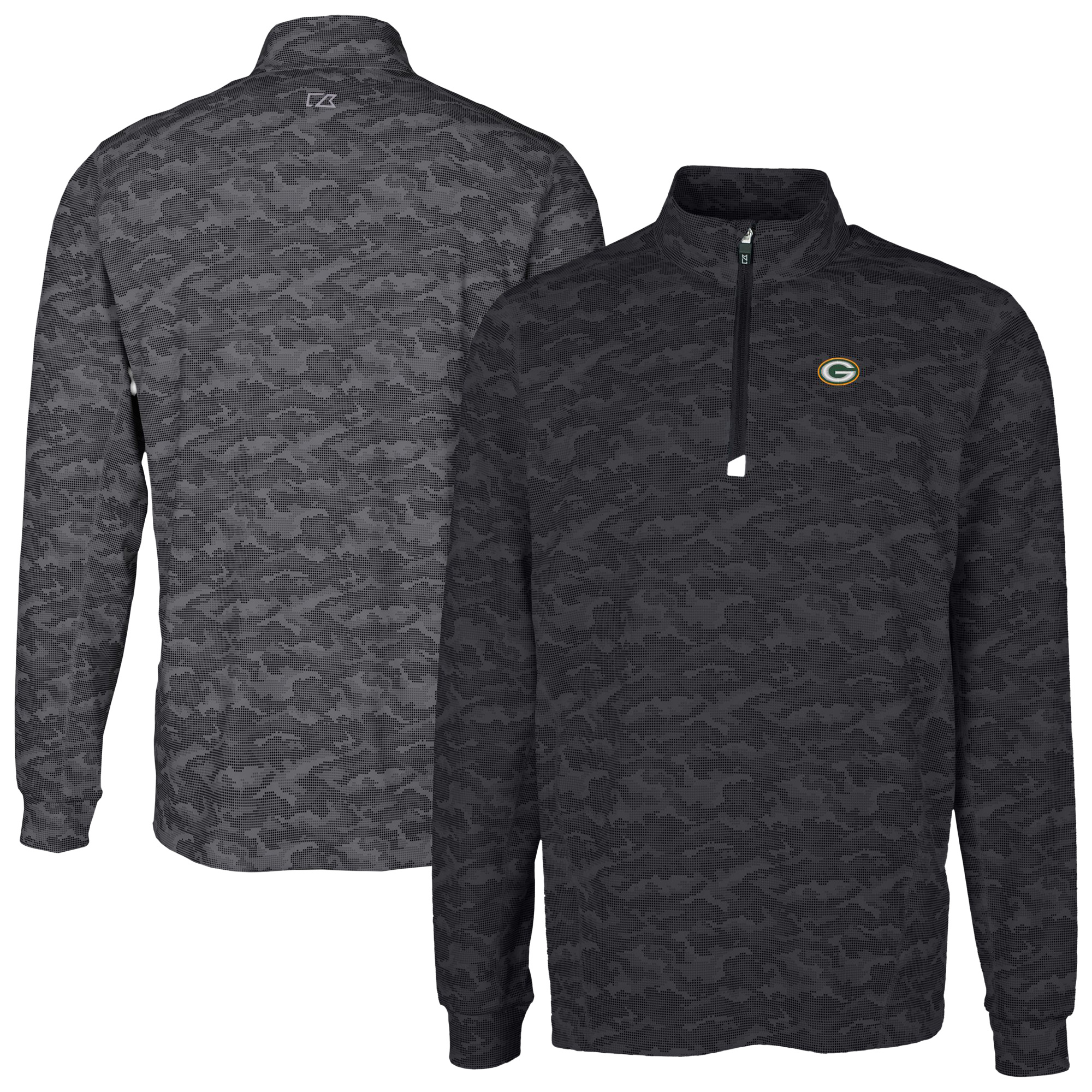 Men's Cutter & Buck Black Green Bay Packers Big & Tall Traverse Eco Camo Tri-Blend DryTec Quarter-Zip Jacket