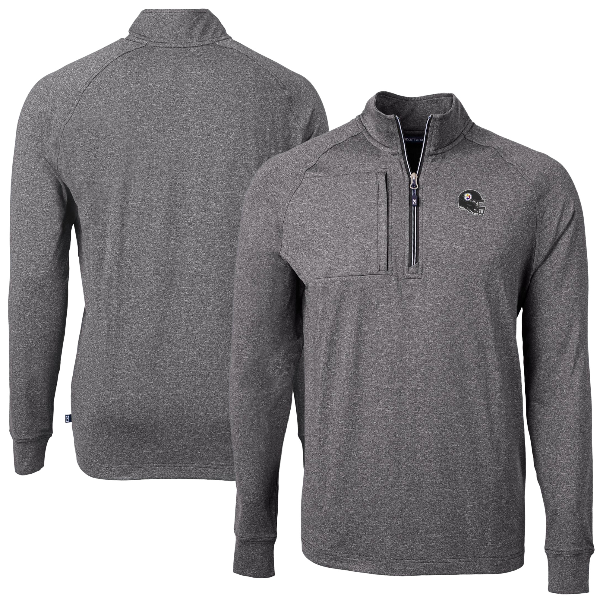 Men's Cutter & Buck Heather Black Pittsburgh Steelers Big & Tall Adapt Eco Raglan Quarter-Zip Jacket