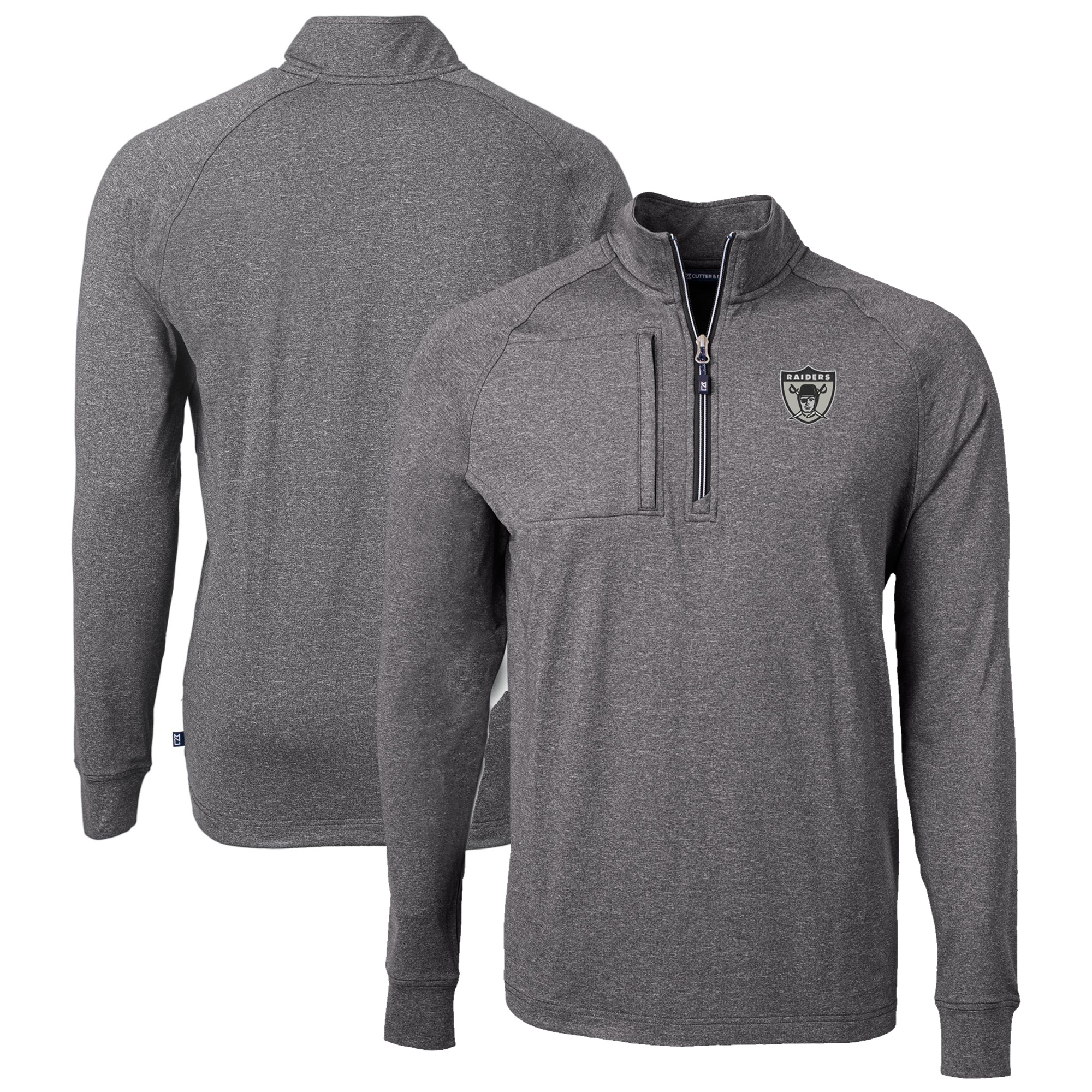 Men's Cutter & Buck Heather Black Las Vegas Raiders Big & Tall Adapt Eco Raglan Quarter-Zip Jacket