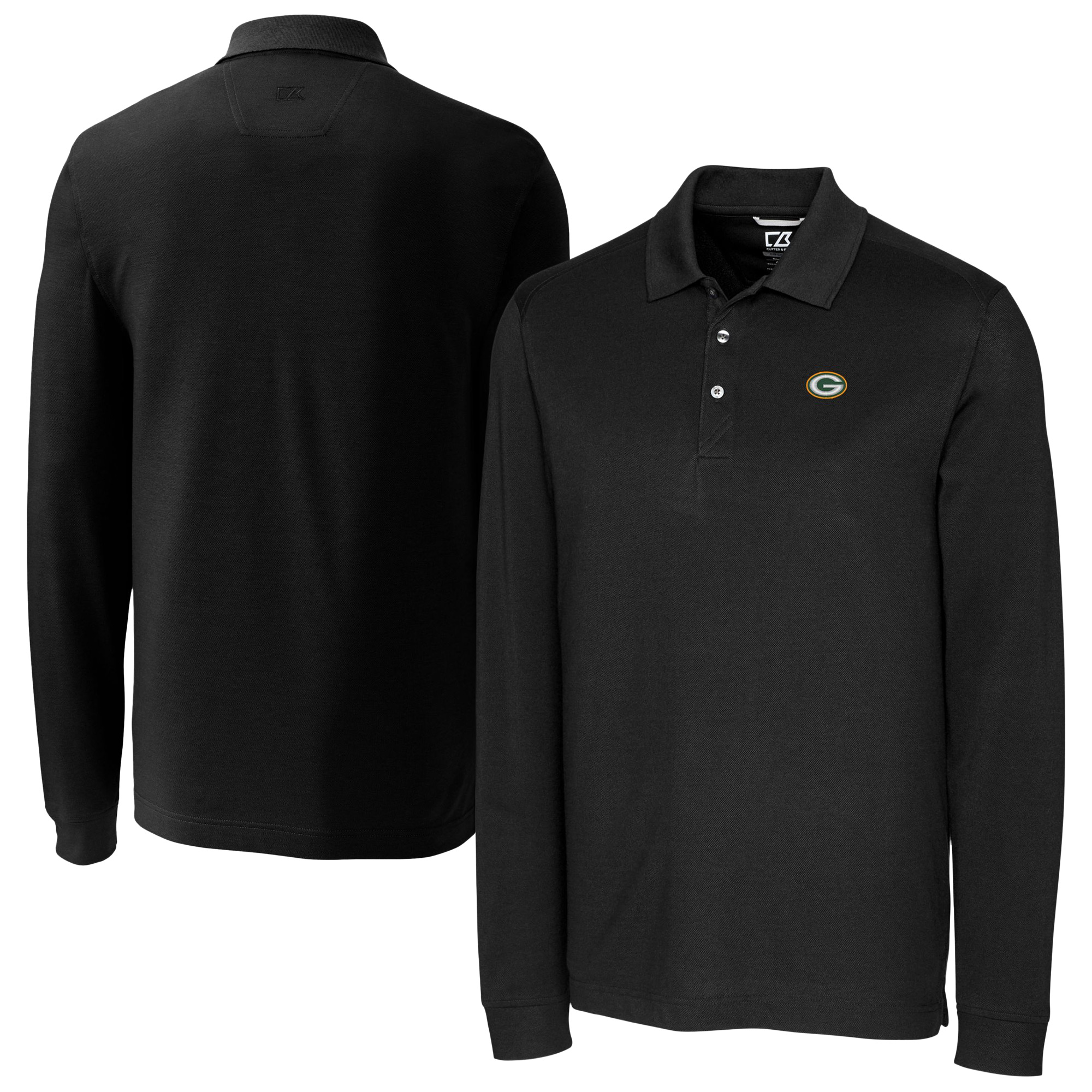 Men's Cutter & Buck Black Green Bay Packers Big & Tall Advantage Eco Pique DryTec Tri-Blend Long Sleeve Polo
