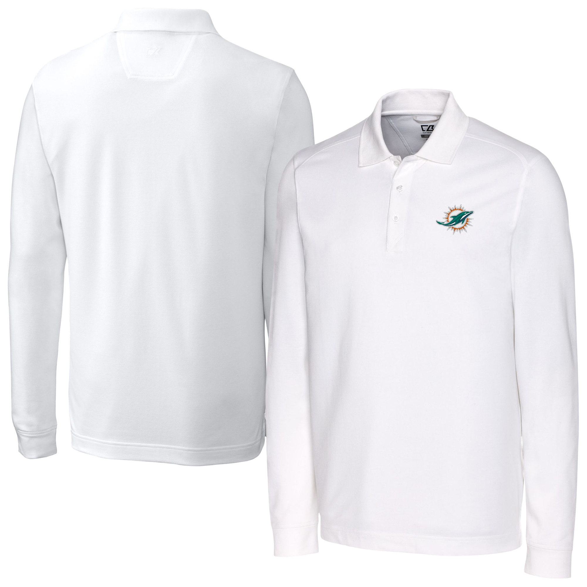 Men's Cutter & Buck White Miami Dolphins Big & Tall Advantage Eco Pique DryTec Tri-Blend Long Sleeve Polo