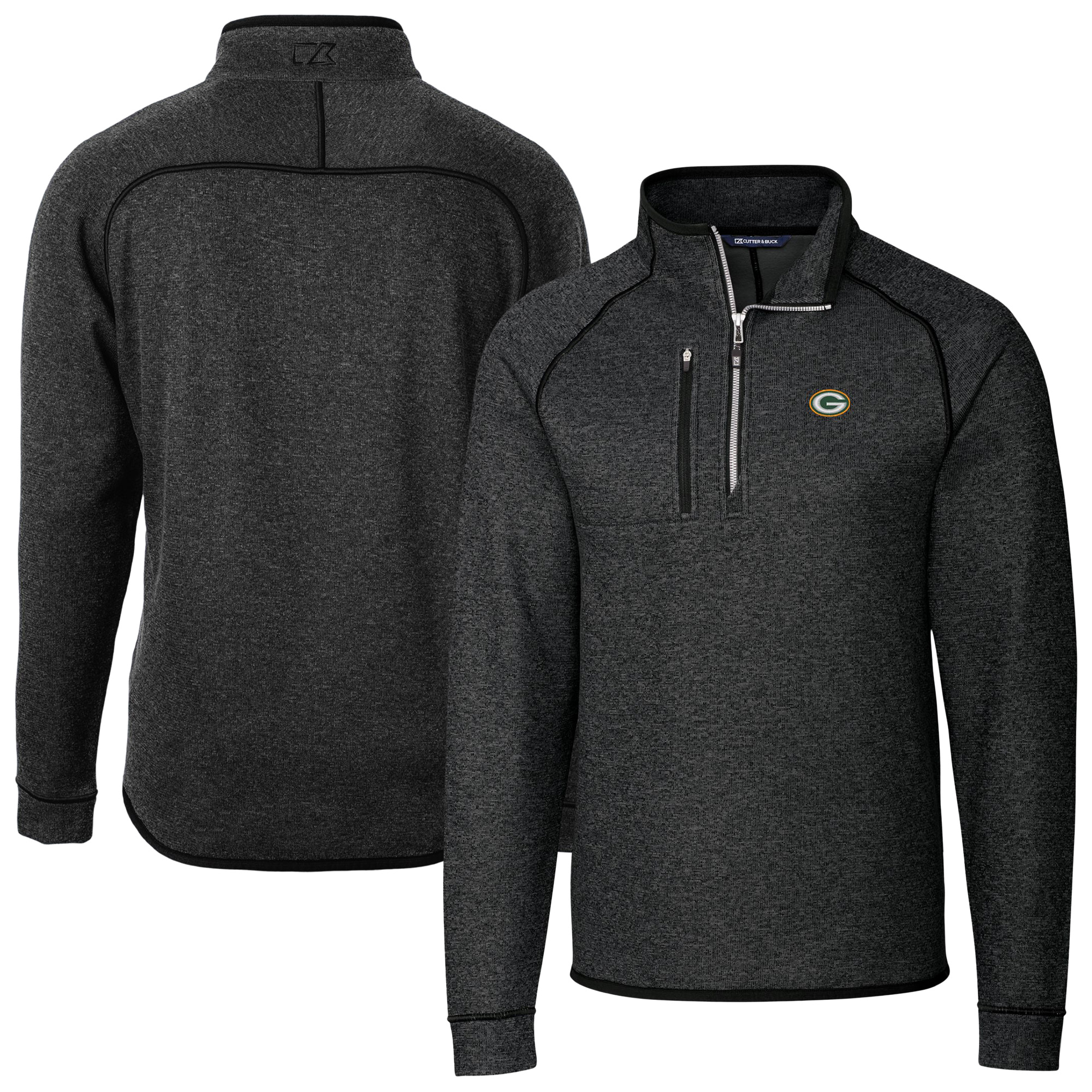 Men's Cutter & Buck Heather Charcoal Green Bay Packers Big & Tall Mainsail Sweater-Knit Half-Zip Jacket