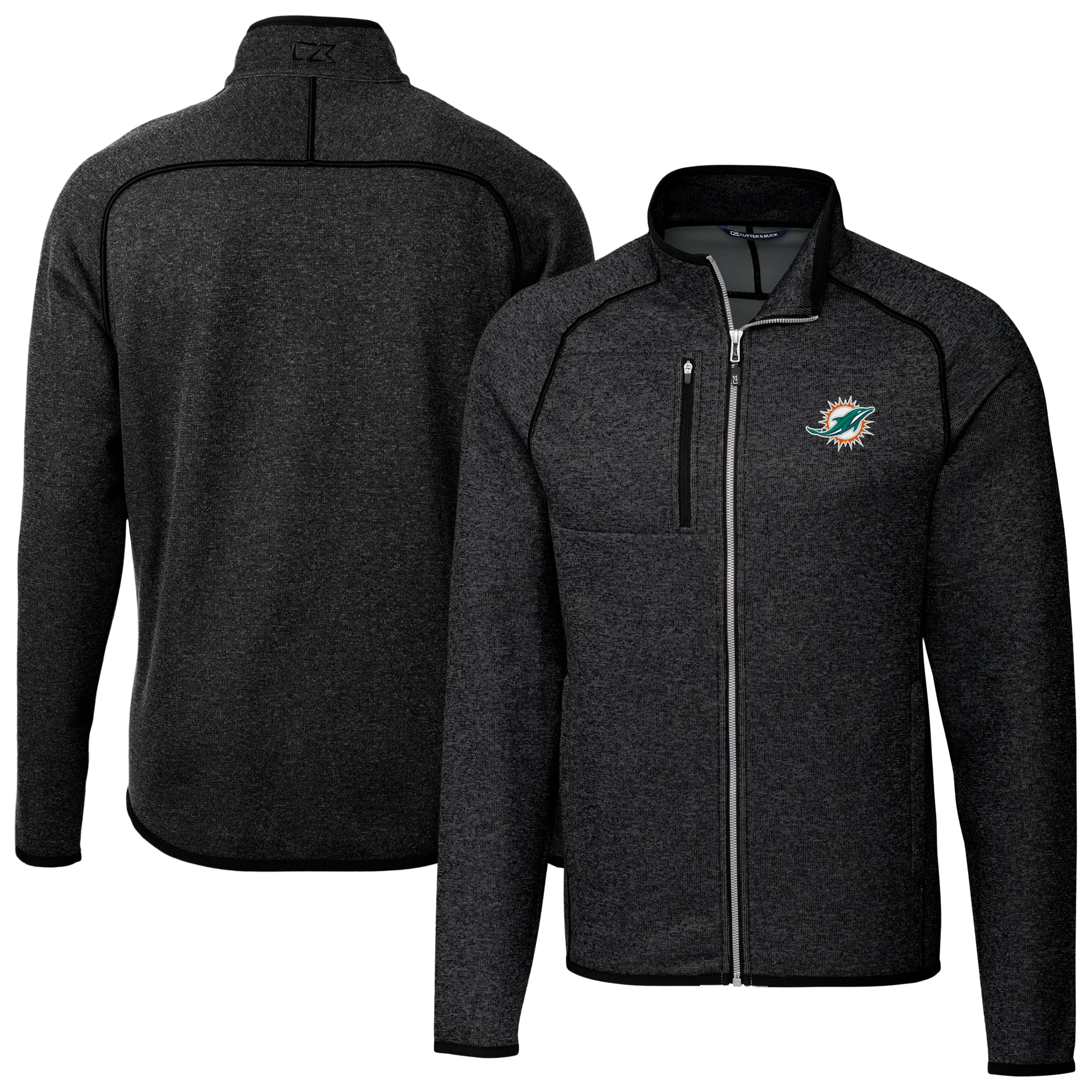Men's Cutter & Buck Heather Charcoal Miami Dolphins Big & Tall Mainsail Sweater-Knit Full-Zip Jacket
