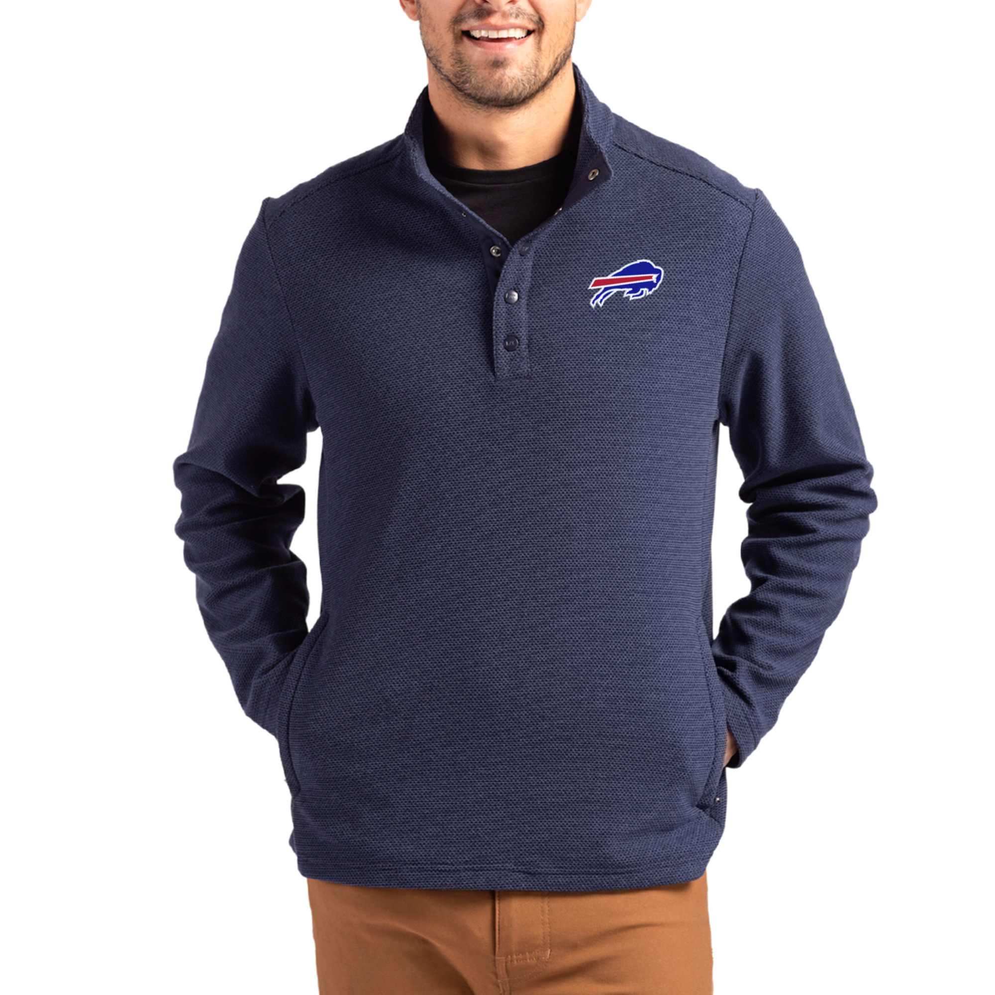 Men's Cutter & Buck Navy Buffalo Bills Hunts Point Eco Textured Fleece Recycled Half-Snap Sweatshirt