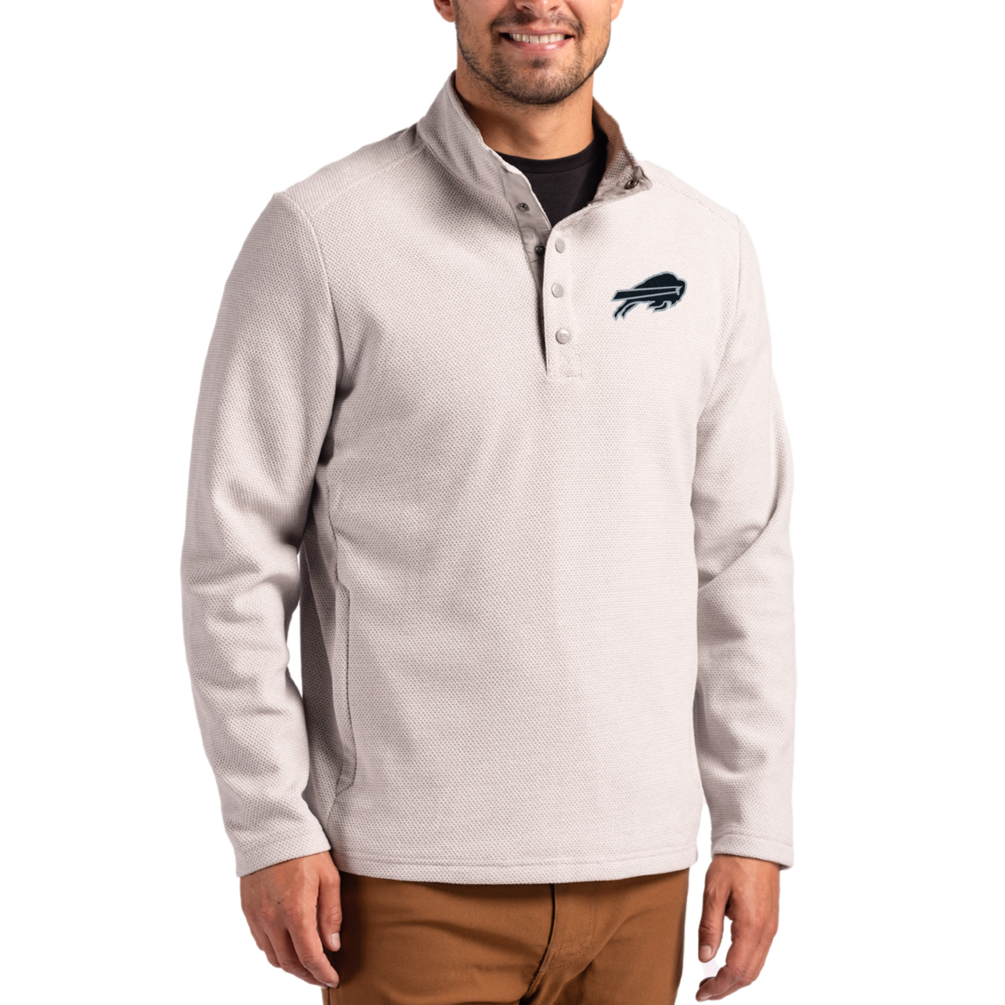 Men's Cutter & Buck Gray Buffalo Bills Hunts Point Eco Textured Fleece Recycled Half-Snap Sweatshirt