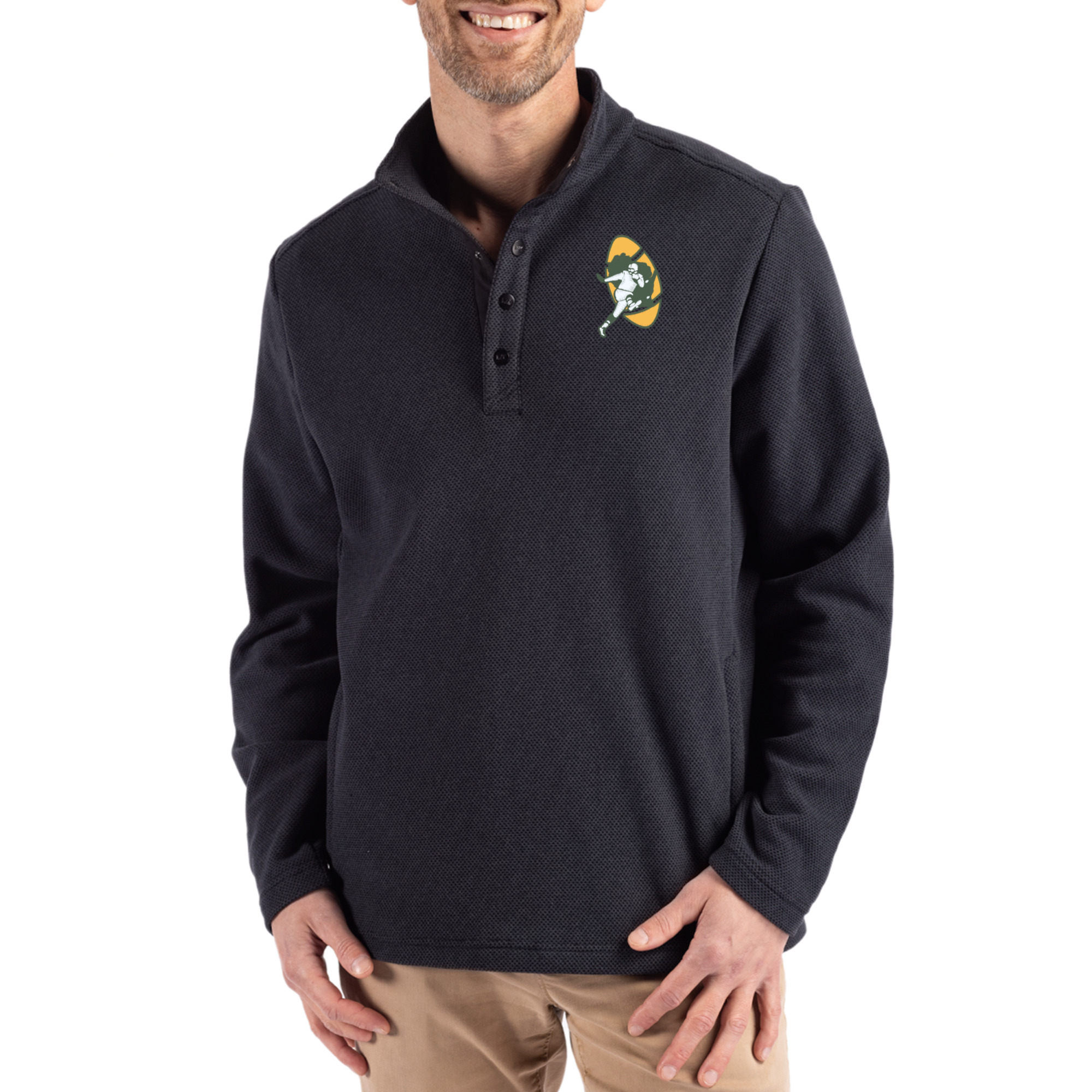 Men's Cutter & Buck Black Green Bay Packers Hunts Point Eco Textured Fleece Recycled Half-Snap Sweatshirt
